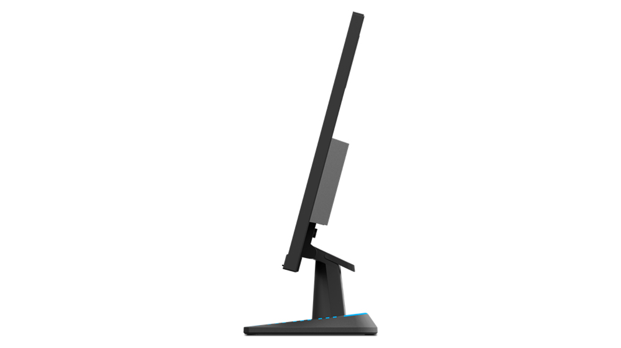 Profilo laterale di un monitor per computer nero su un supporto. Il supporto ha colori blu e neri.