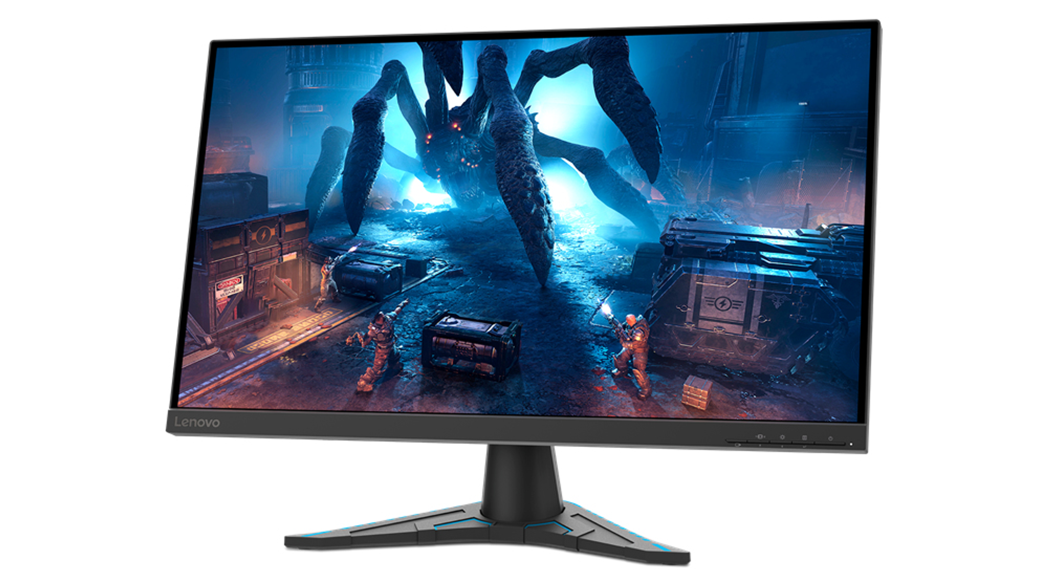 Monitor Lenovo con scena di gioco con azione su sfondo bianco.