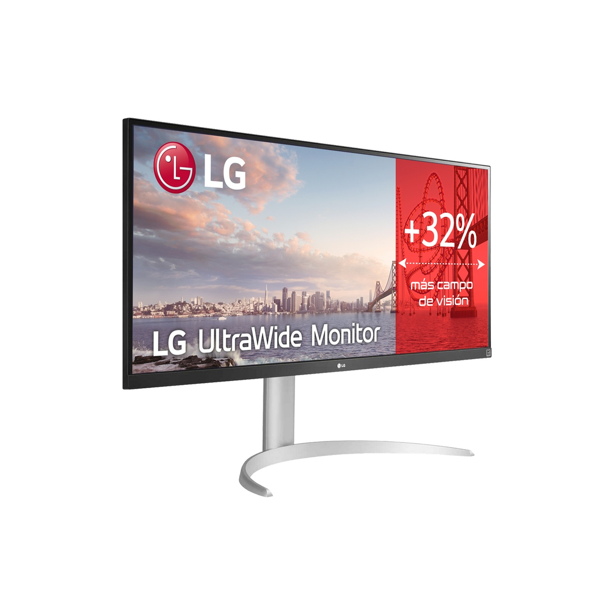 Monitor LG UltraWide z panoramą miasta i mostem na ekranie, biała podstawa.