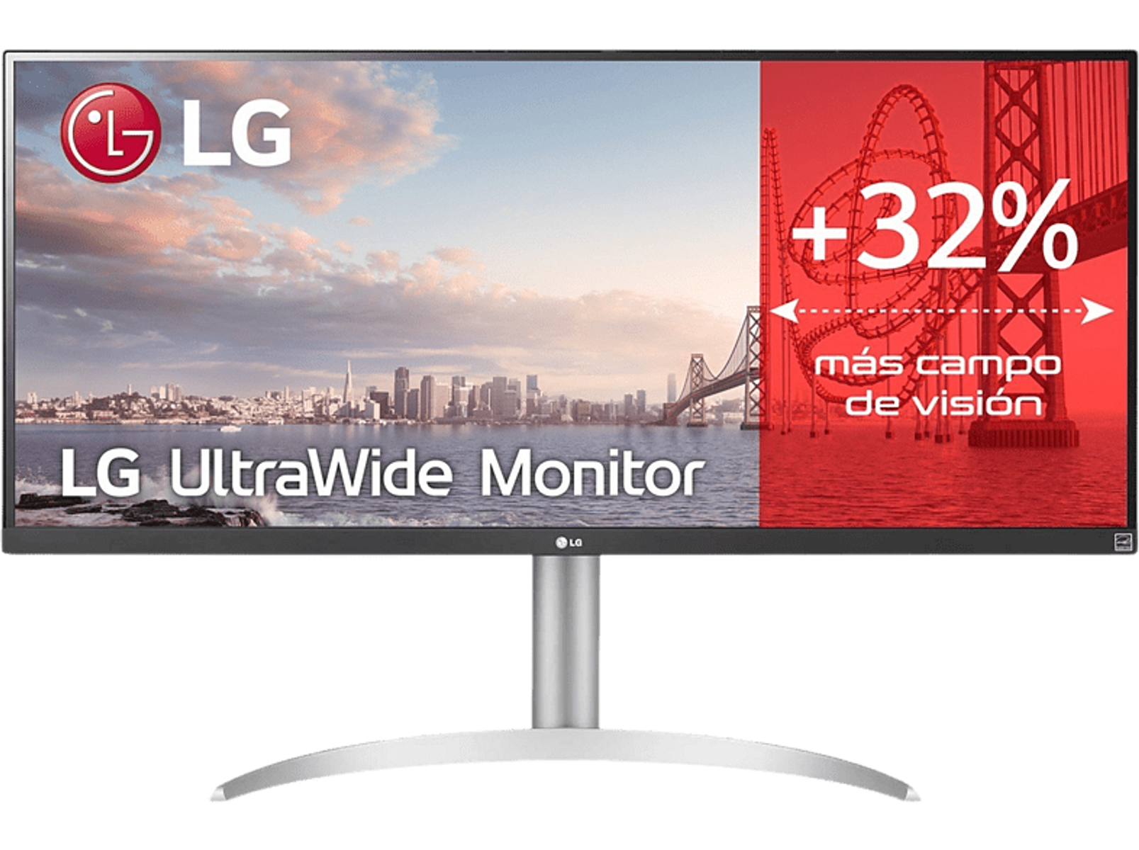 Monitor LG UltraWide z zakrzywioną podstawą, pokazujący krajobraz miejski z mostem.