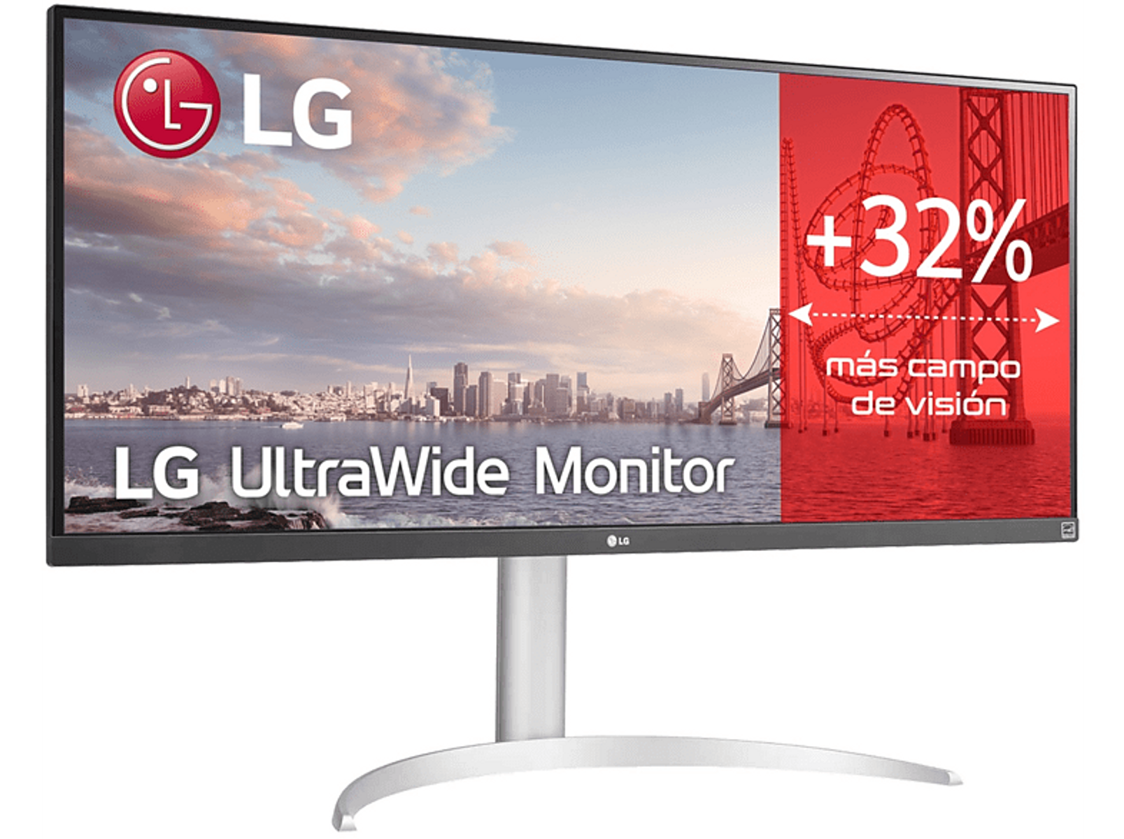 Monitor LG UltraWide. Ekran pokazuje miasto i most. Czerwona nakładka pokazuje +32% więcej pola widzenia.