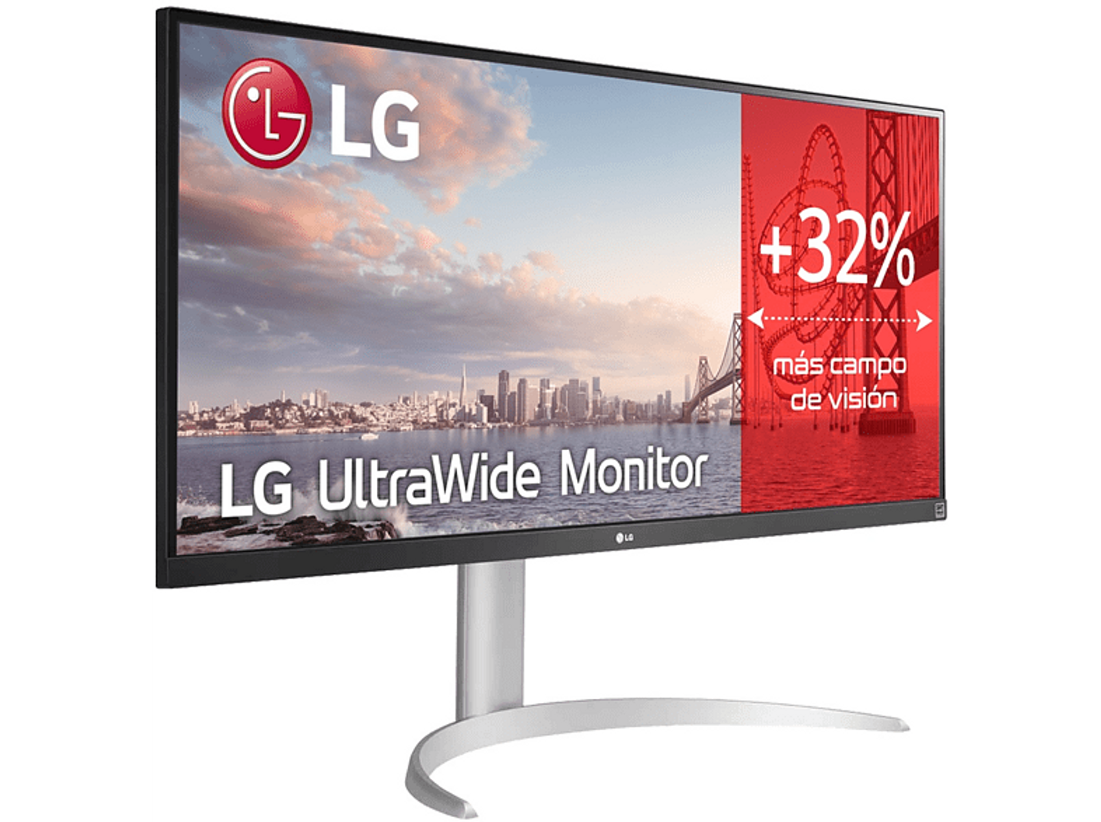Monitor LG UltraWide na białym tle. Ekran pokazuje panoramę miasta i most z czerwoną nakładką.