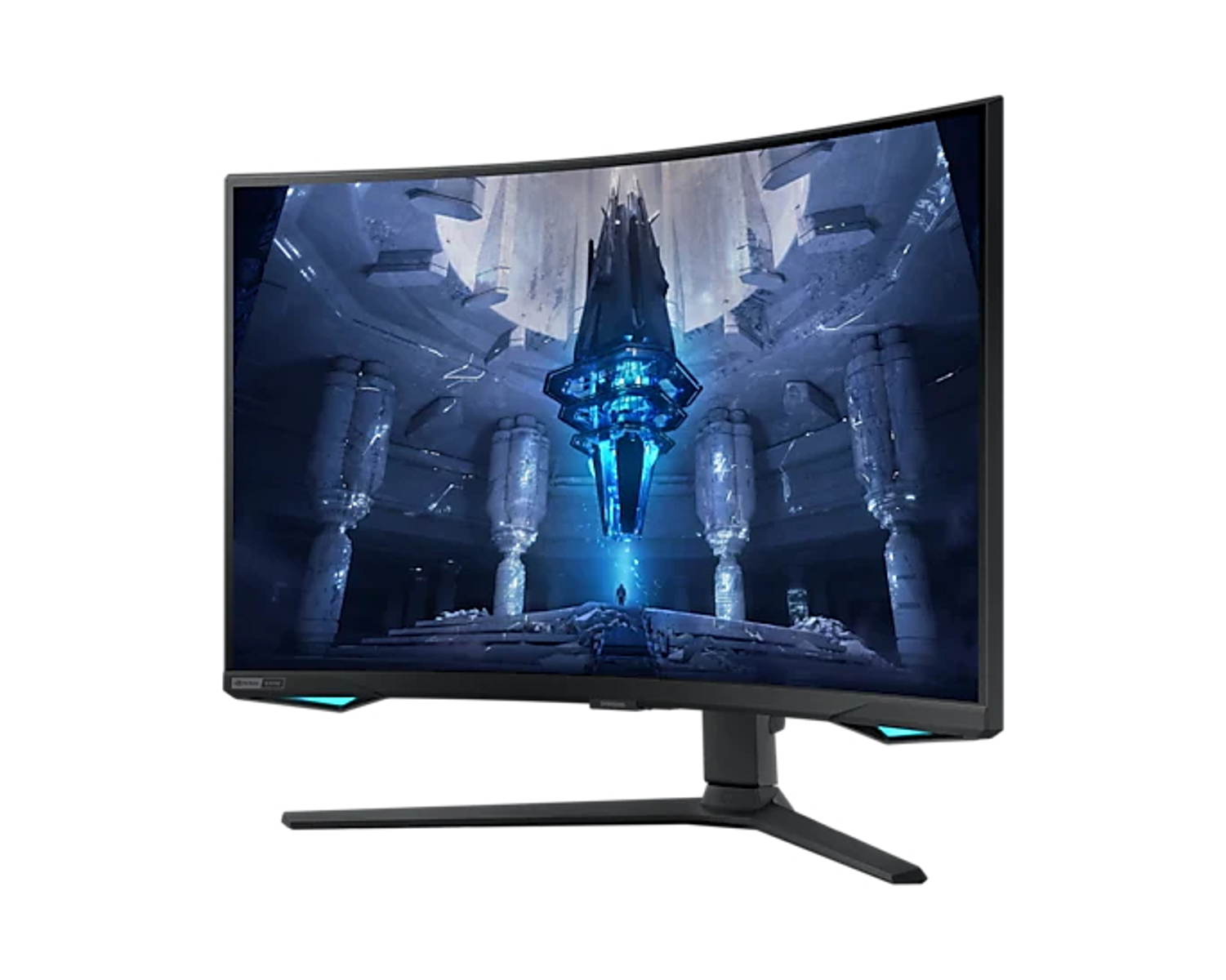 Monitor curvo che mostra una scena futuristica, con supporto nero. Lo sfondo è bianco.