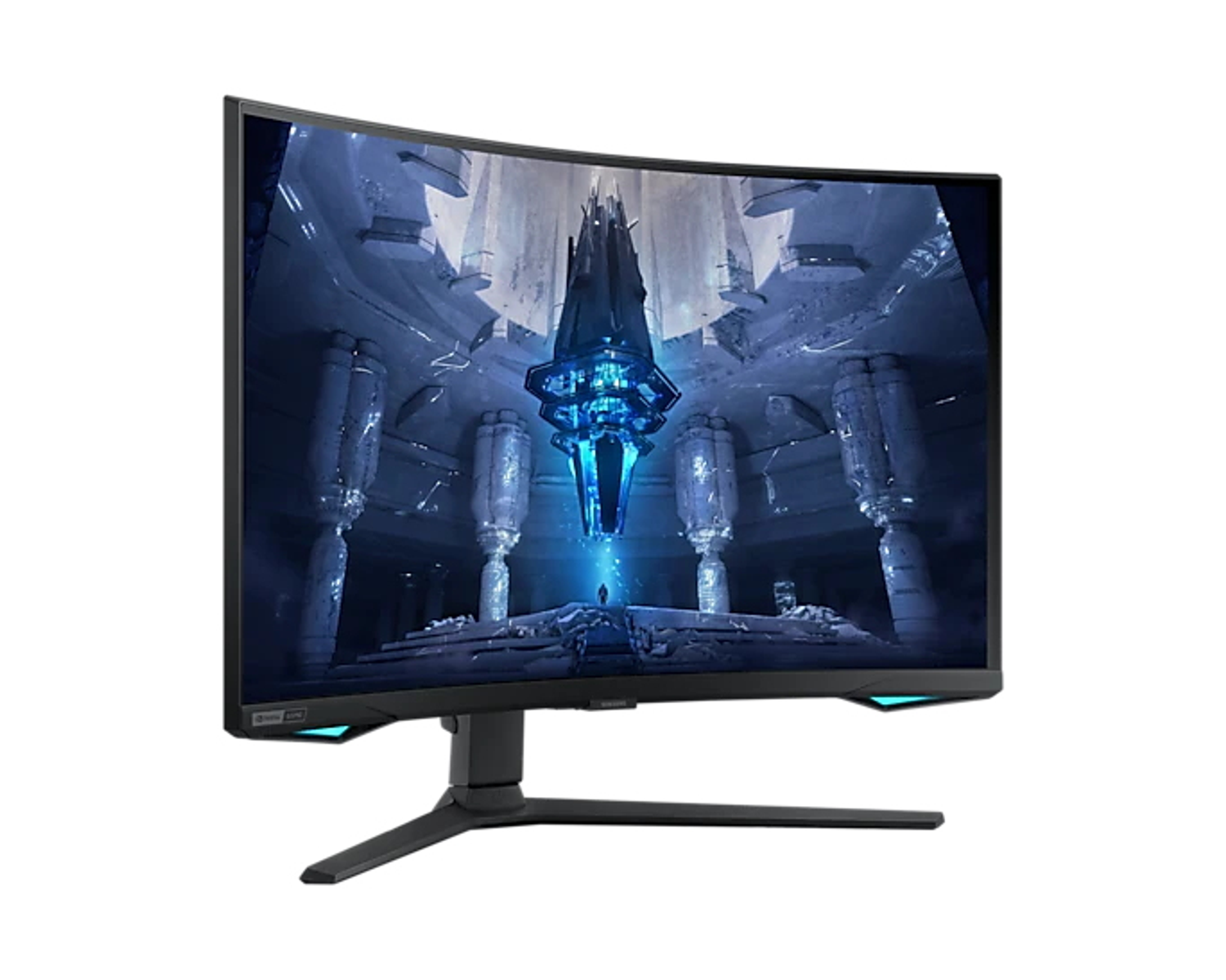 Monitor curvo. Schermo blu scuro, mostra una scena futuristica. Supporto nero.