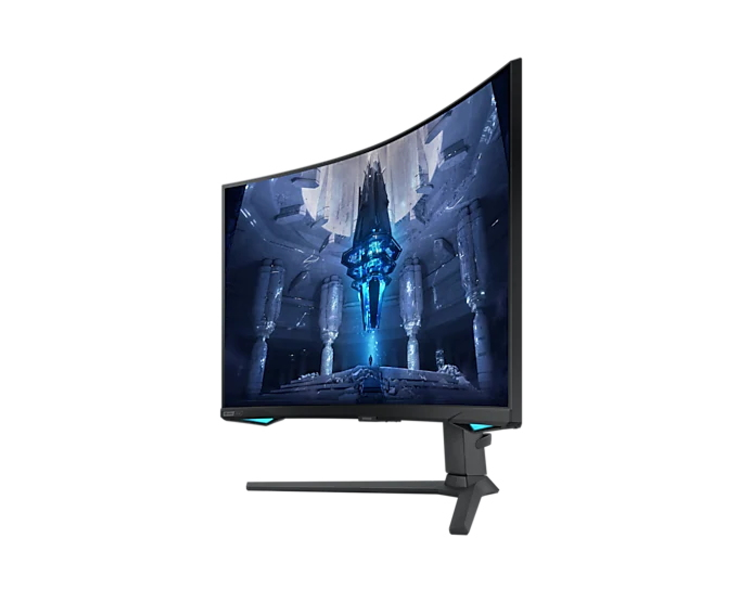Monitor curvo per gaming con scena futuristica sullo schermo, supporto nero.