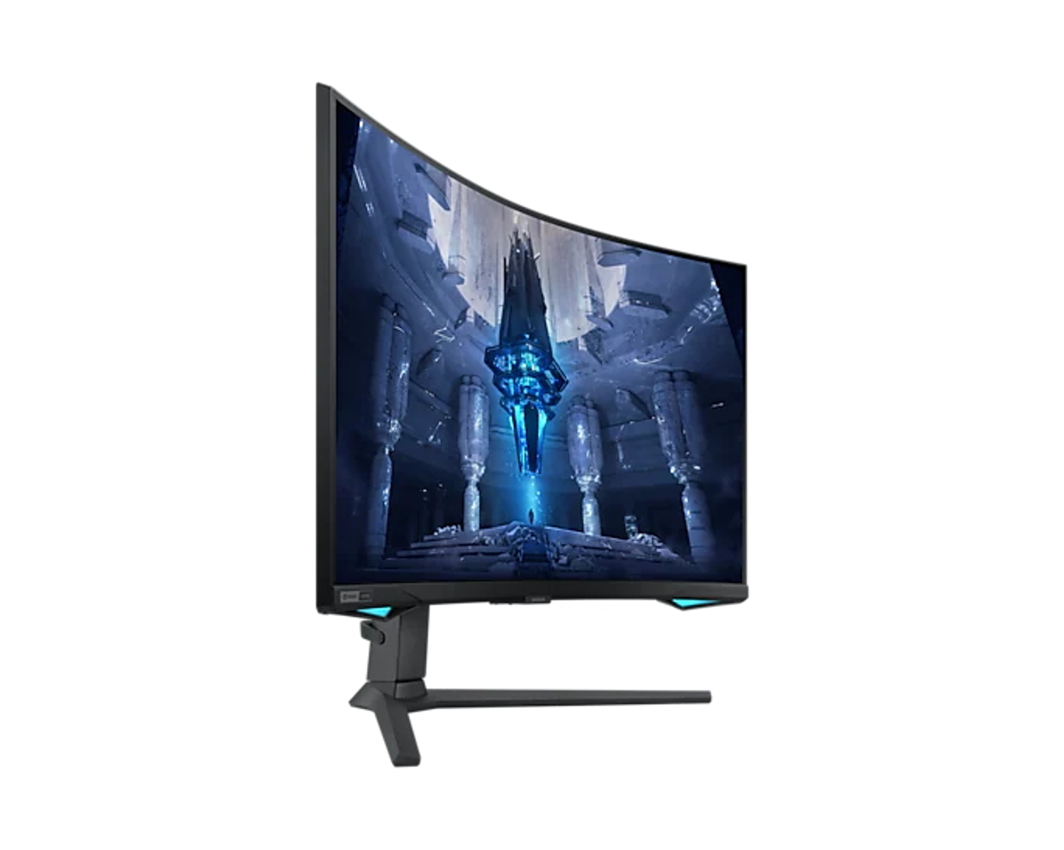 Un monitor curvo per computer con uno schermo a tema gaming. Il monitor è nero con un supporto. Luci blu sono visibili.