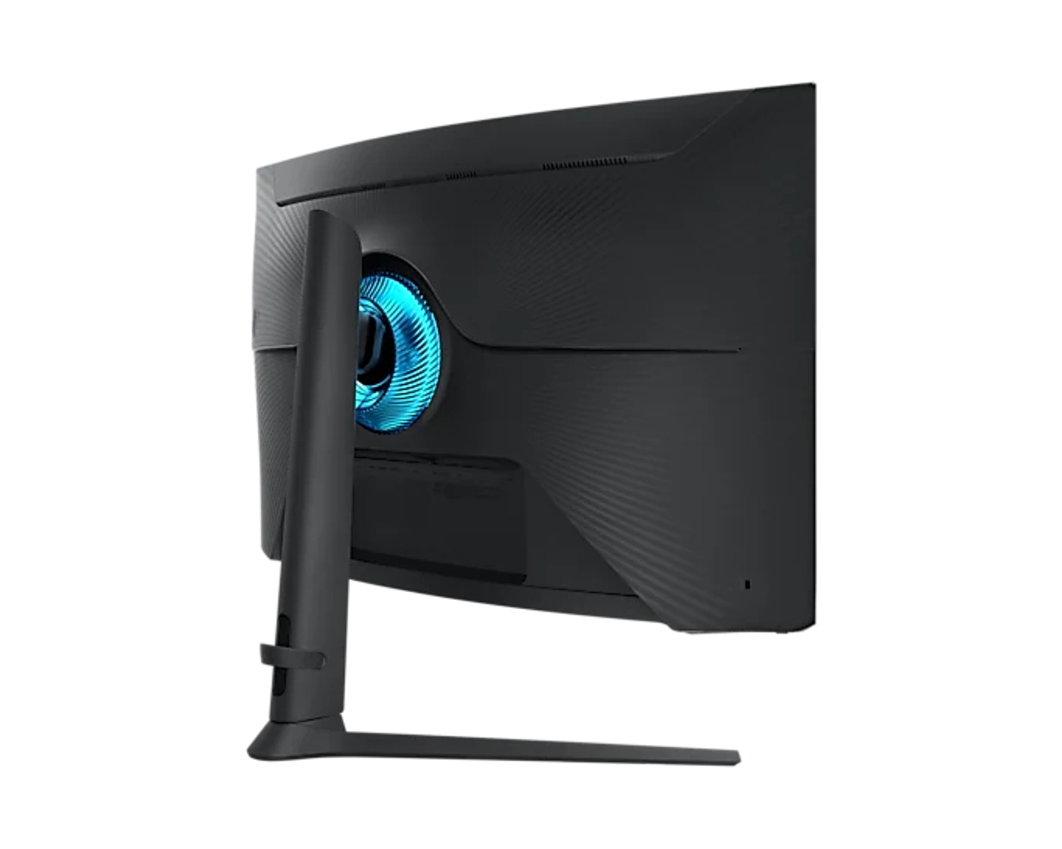 Retro di un monitor curvo nero. Ha una luce blu e il supporto posteriore.