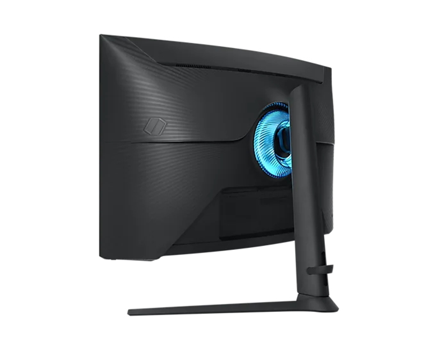 Monitor curvo nero, vista posteriore. Luce blu emessa da dietro. Sfondo bianco.