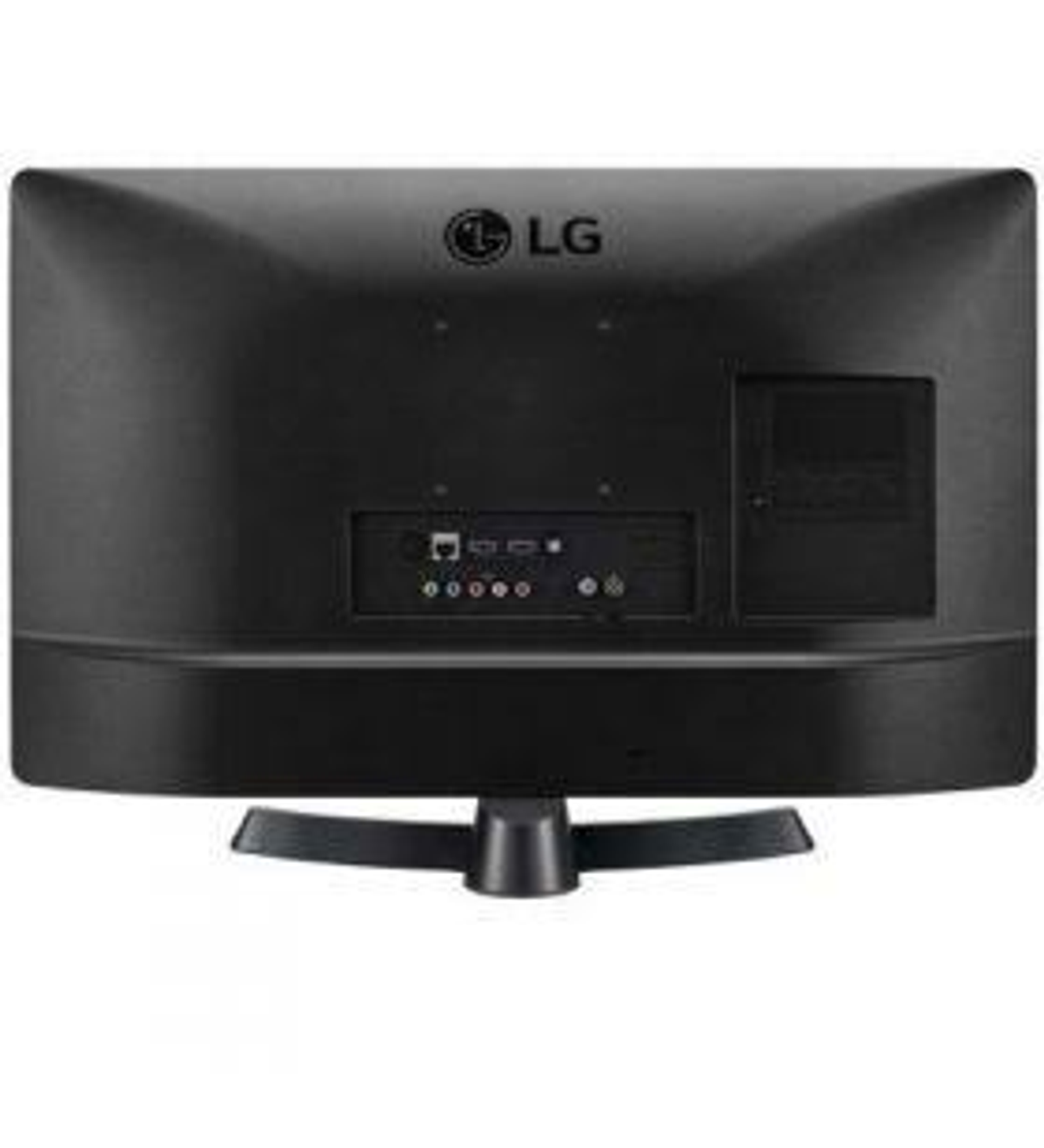 Retro di una TV LG nera che mostra porte e supporto. Sfondo nero.