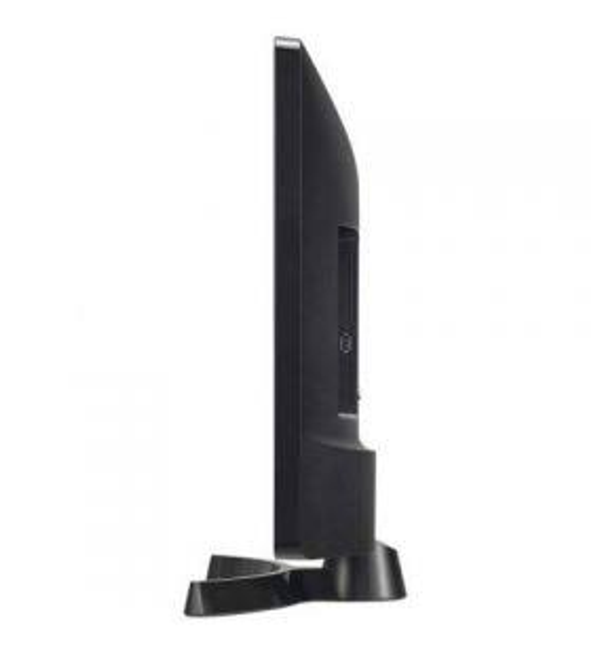 Una TV nera su un supporto, vista laterale. Il lato ha porte e un pulsante di accensione. Sfondo nero.