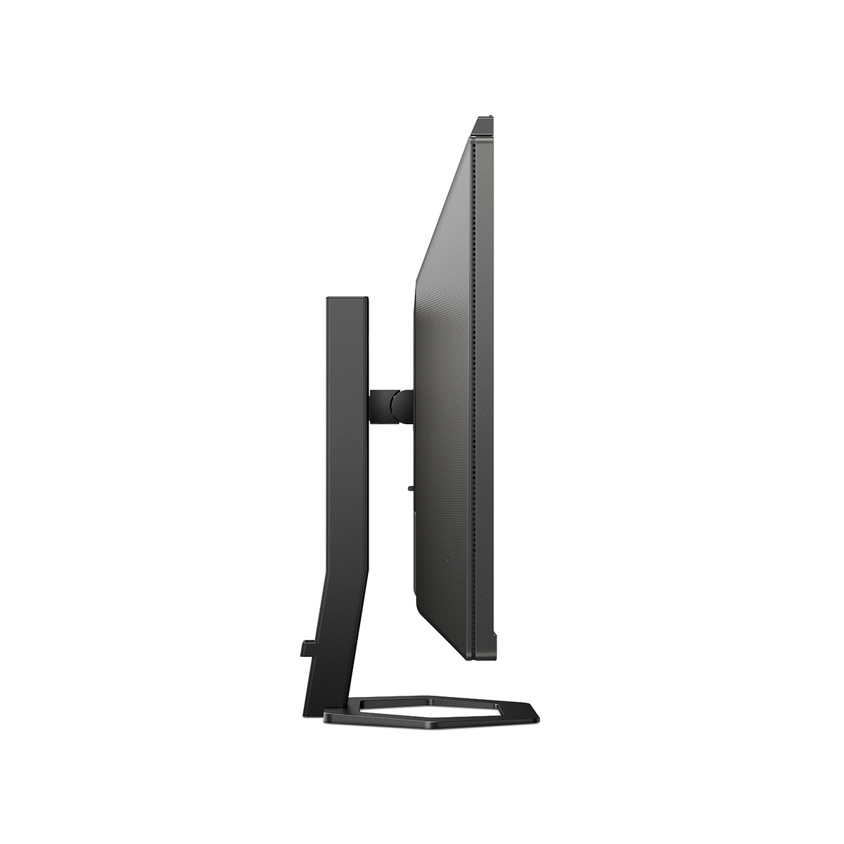 Black computer monitor on a black stand. Profile view, showing the side of the screen and stand.