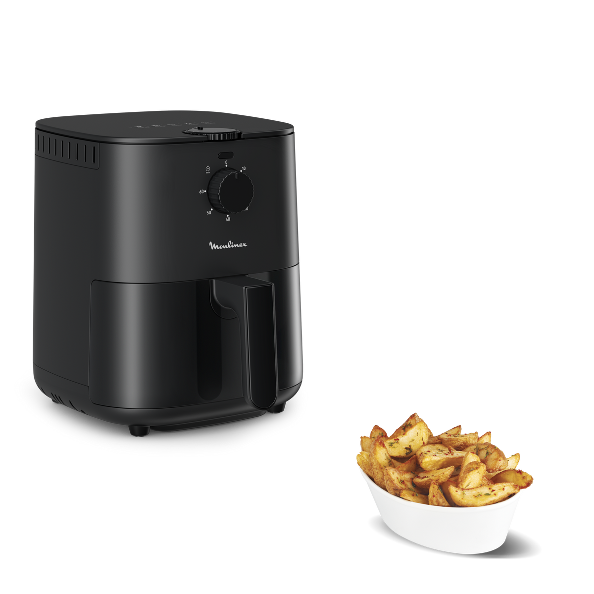 Friggitrice ad aria nera e una ciotola di spicchi di patate fritte su sfondo neutro.
