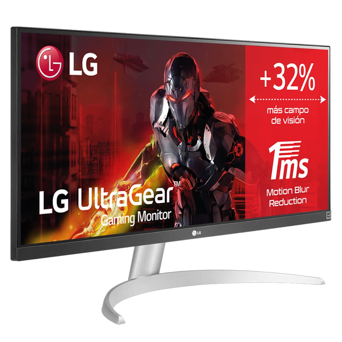 LG UltraGear Gaming-Monitor mit Text und Grafiken. Weiß und Schwarz. Weißer Hintergrund.