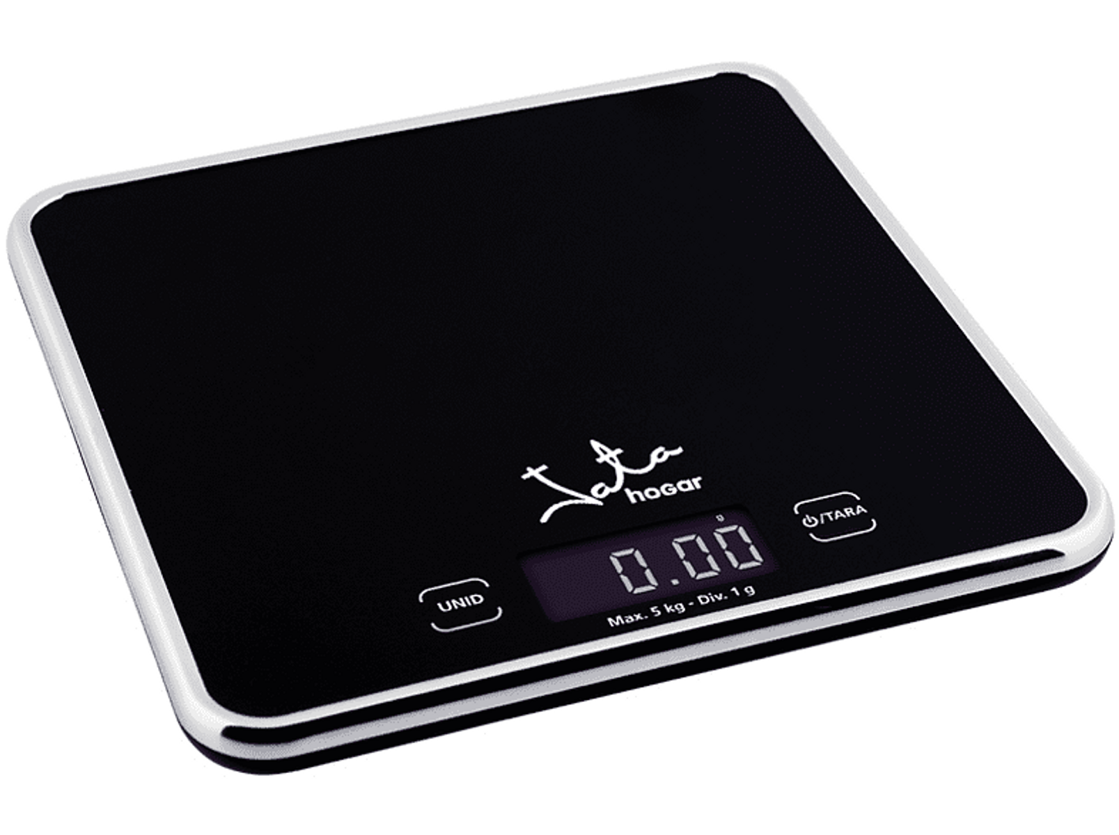 Eine schwarze digitale Küchenwaage mit weißem Rahmen. Das Display zeigt 0,00.