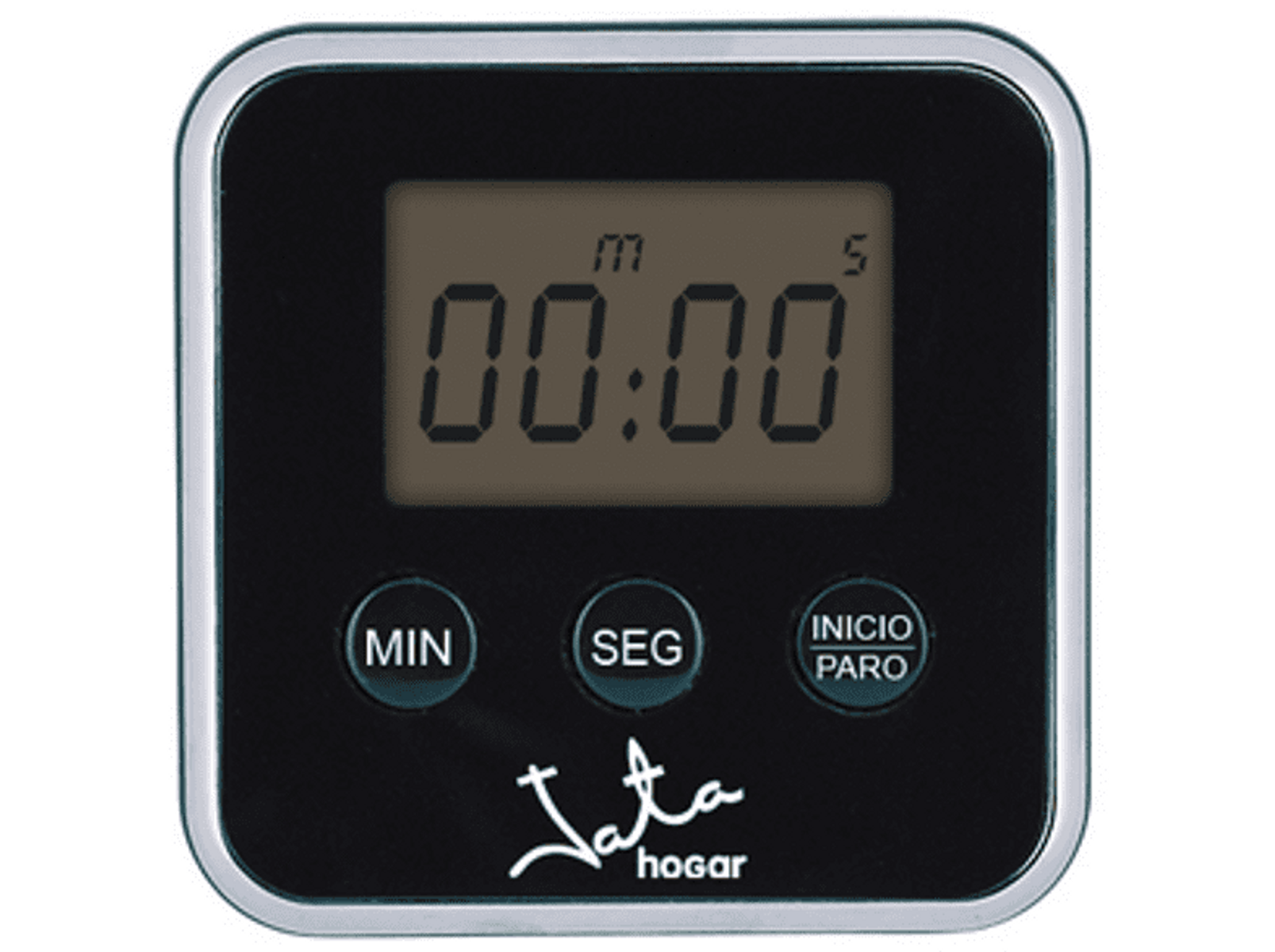 Ein digitaler Küchentimer mit 00:00 und drei Knöpfen: MIN, SEG, START/STOP.