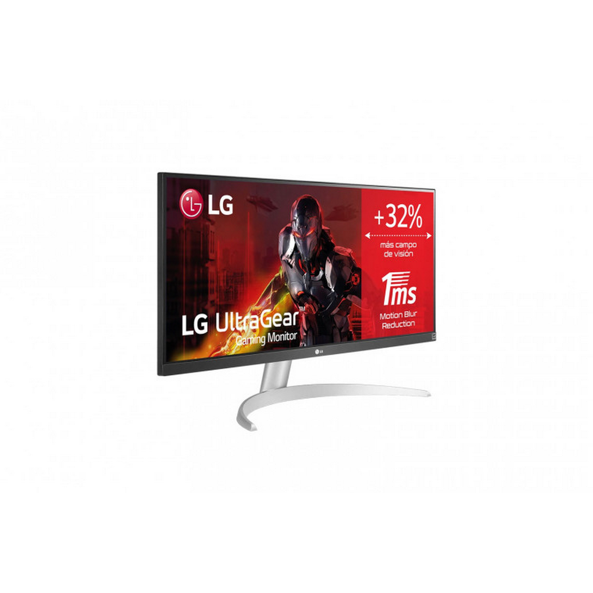 LG UltraGear Monitor, der eine Gaming-Oberfläche anzeigt, mit weißem und grauem Ständer. Der Hintergrund ist weiß.
