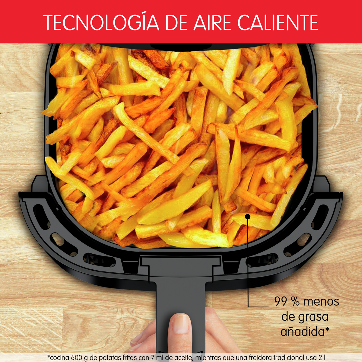 Una friggitrice ad aria con patatine fritte all'interno. Il testo recita '99% di grassi aggiunti in meno'.