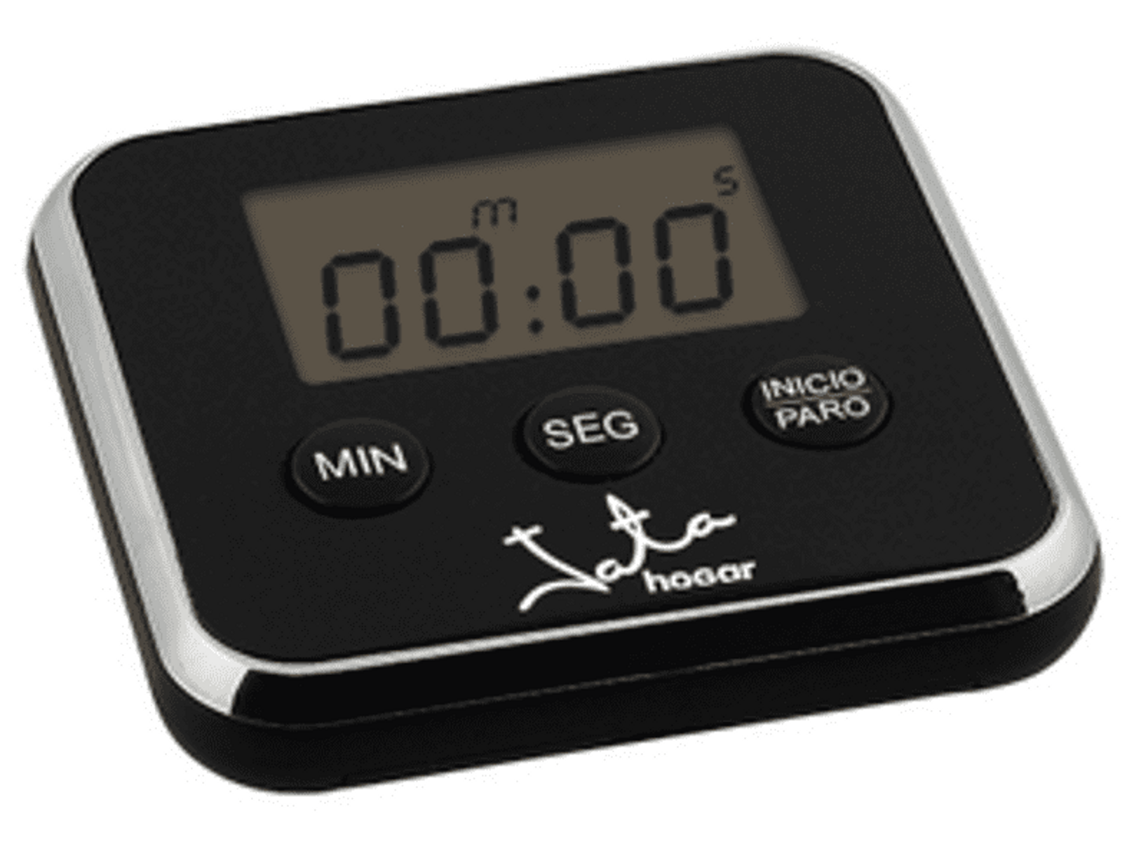 Schwarzer Küchentimer mit Tasten 'MIN', 'SEG' und 'INICIO PARO'.