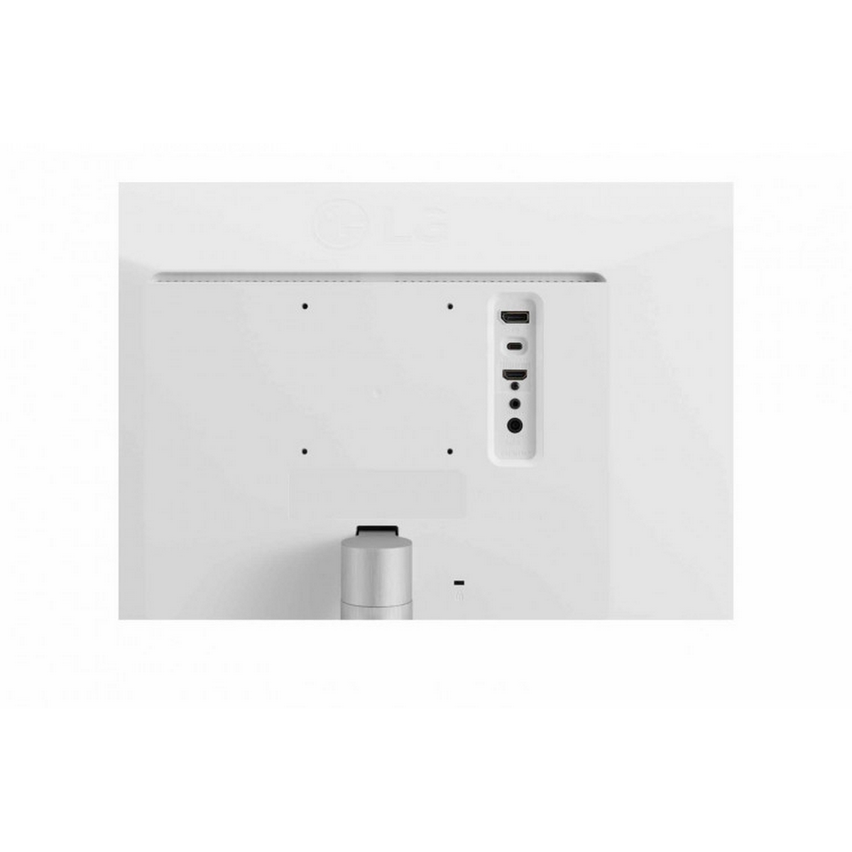 Rückseite des weißen LG-Monitors mit Anschlüssen.