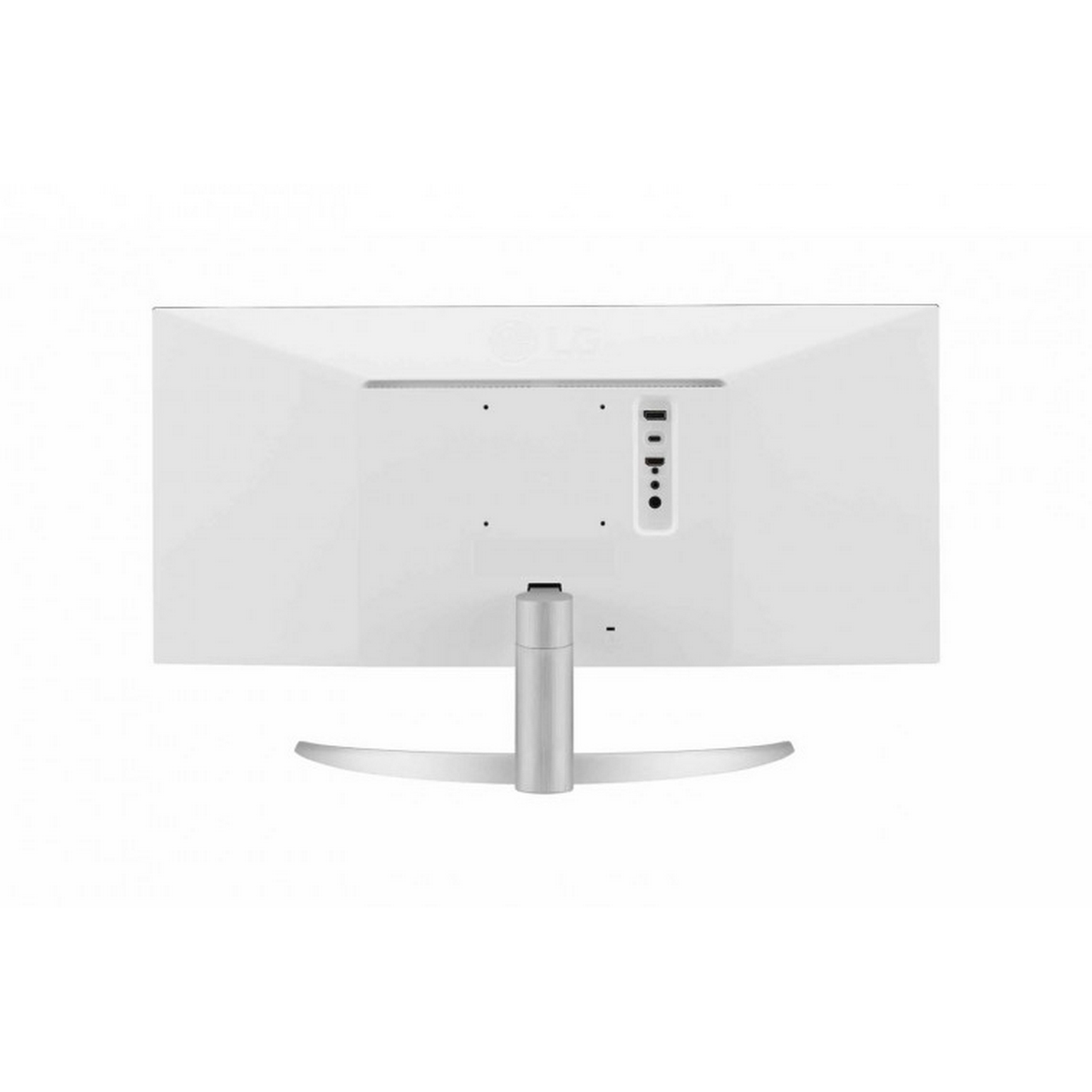 Weißer Computermonitor, Rückansicht, Anschlüsse sichtbar. Weißer Hintergrund.