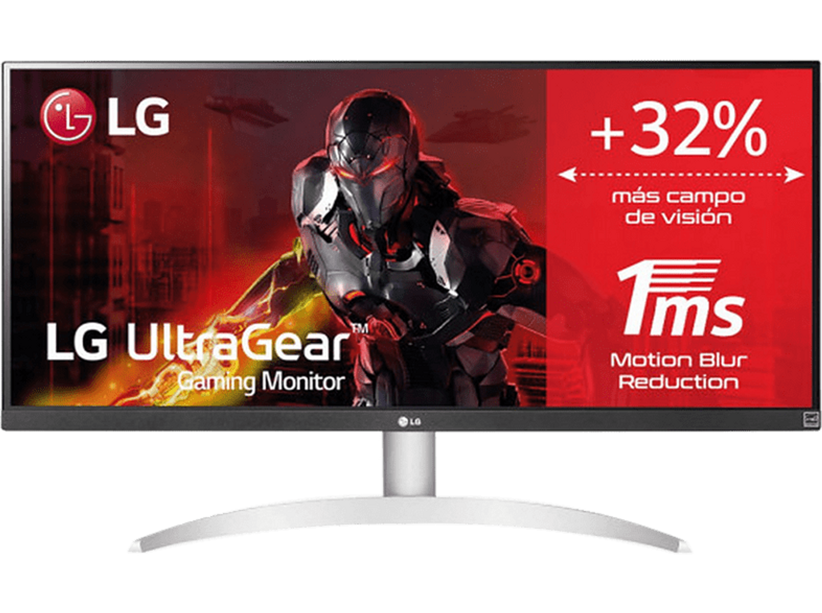 LG UltraGear Gaming-Monitor. Schwarzer Rahmen, weißer Ständer. Zeigt eine Spielszene mit rotem Banner.