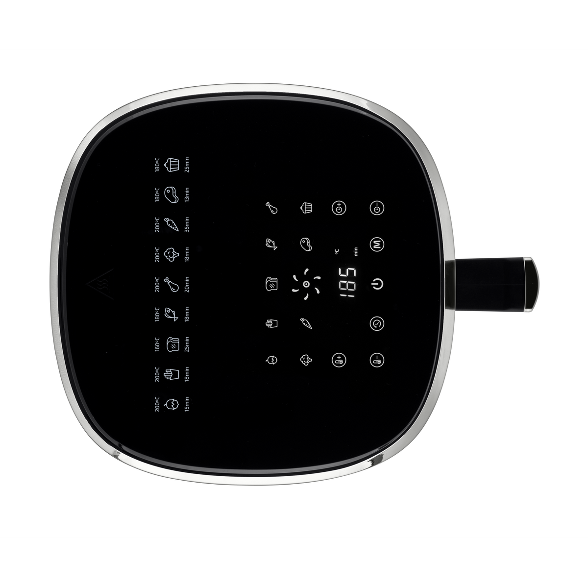 Freidora de aire negra, vista superior, con pantalla digital e iconos de función.