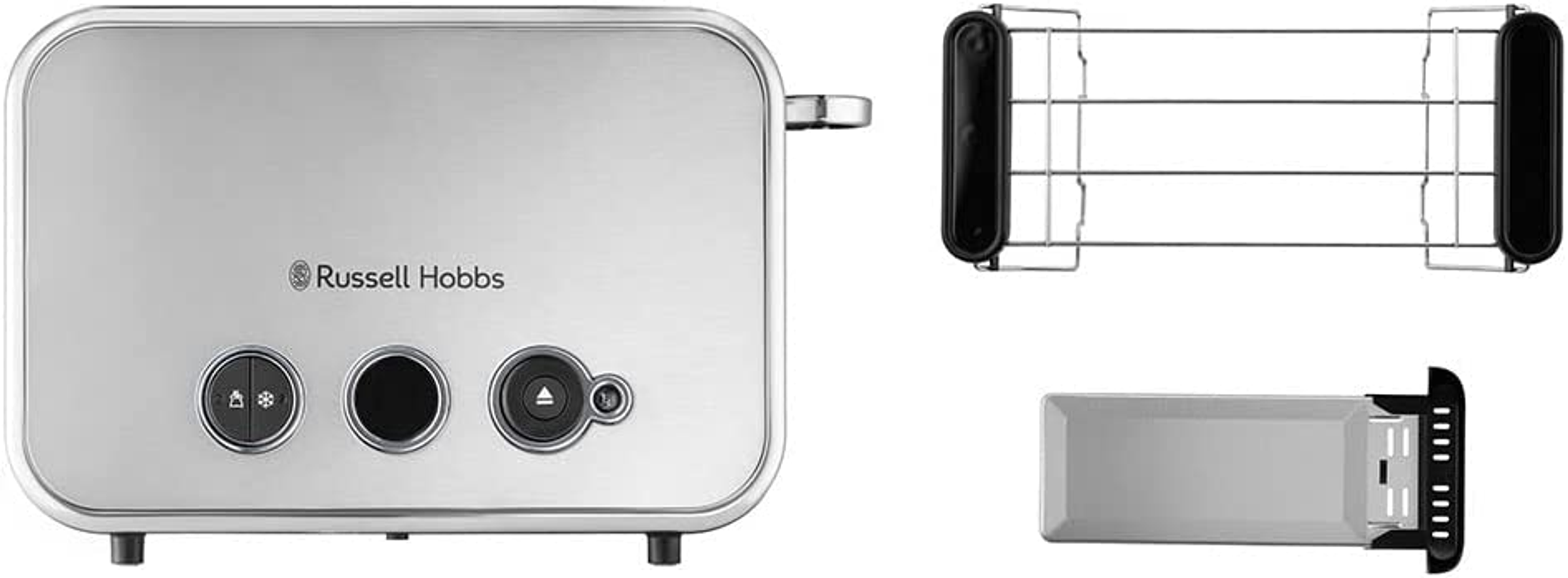 Ein silberner Toaster mit Bedienelementen, einem Warmhalterost und einer Krümelschublade.