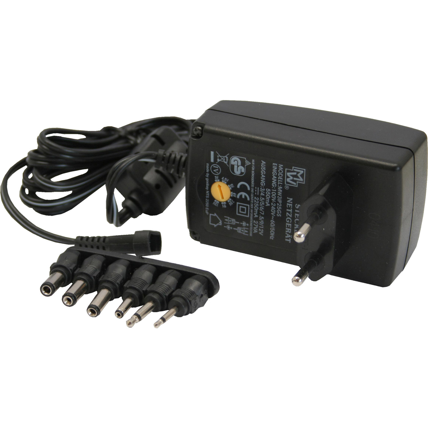Ein schwarzes Netzteil mit mehreren Anschlussspitzen. Es hat einen Stecker und ein rundes Zifferblatt.