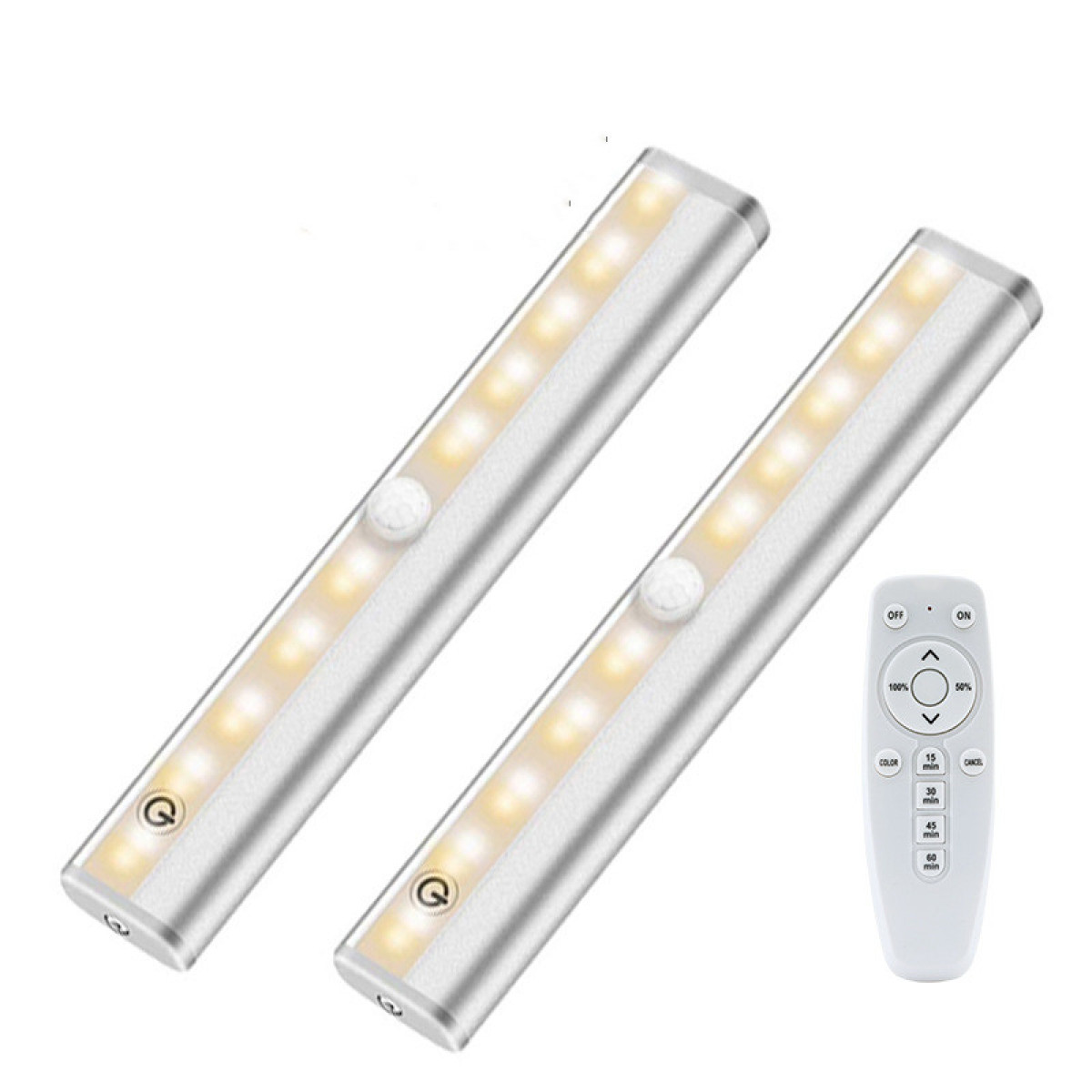 Twee zilveren LED-lampen met afstandsbediening. De lichten zijn aan.