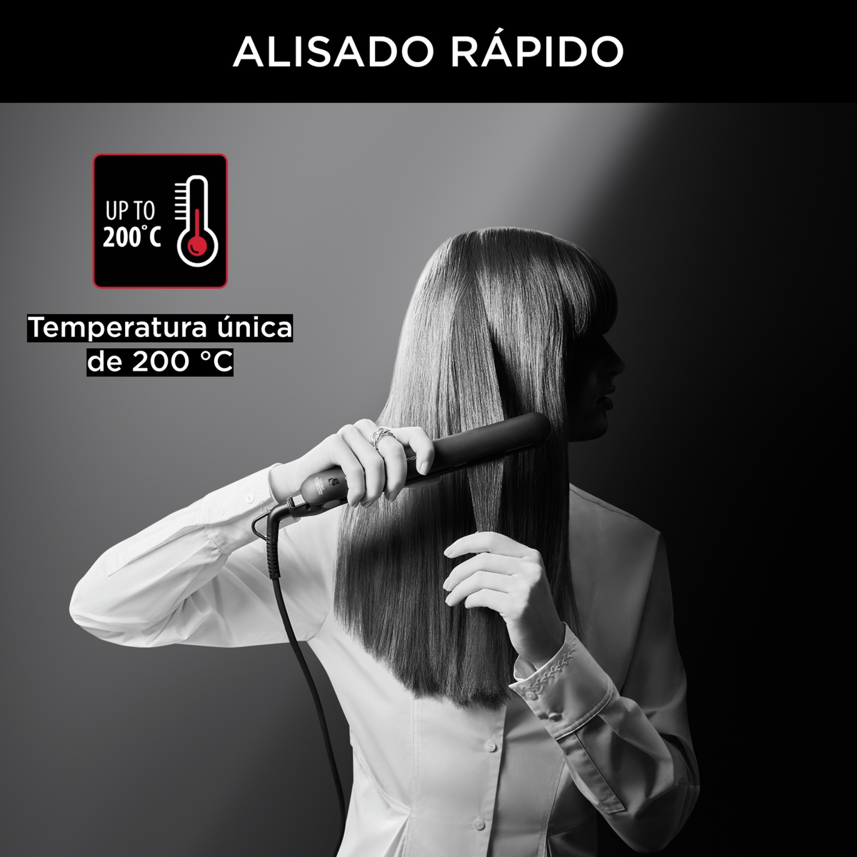 Kobieta używa prostownicy. Tekst: do 200°C, unikalna temperatura.