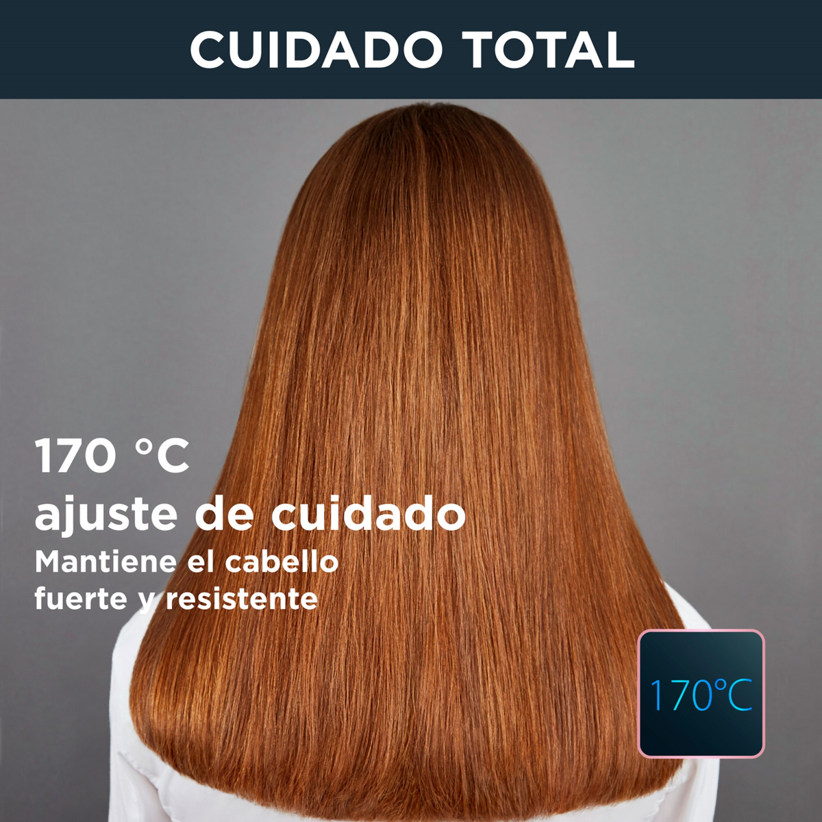 Haare einer Frau, Rückansicht, glänzendes braunes Haar. Text: 170 Grad, Pflegeeinstellung.