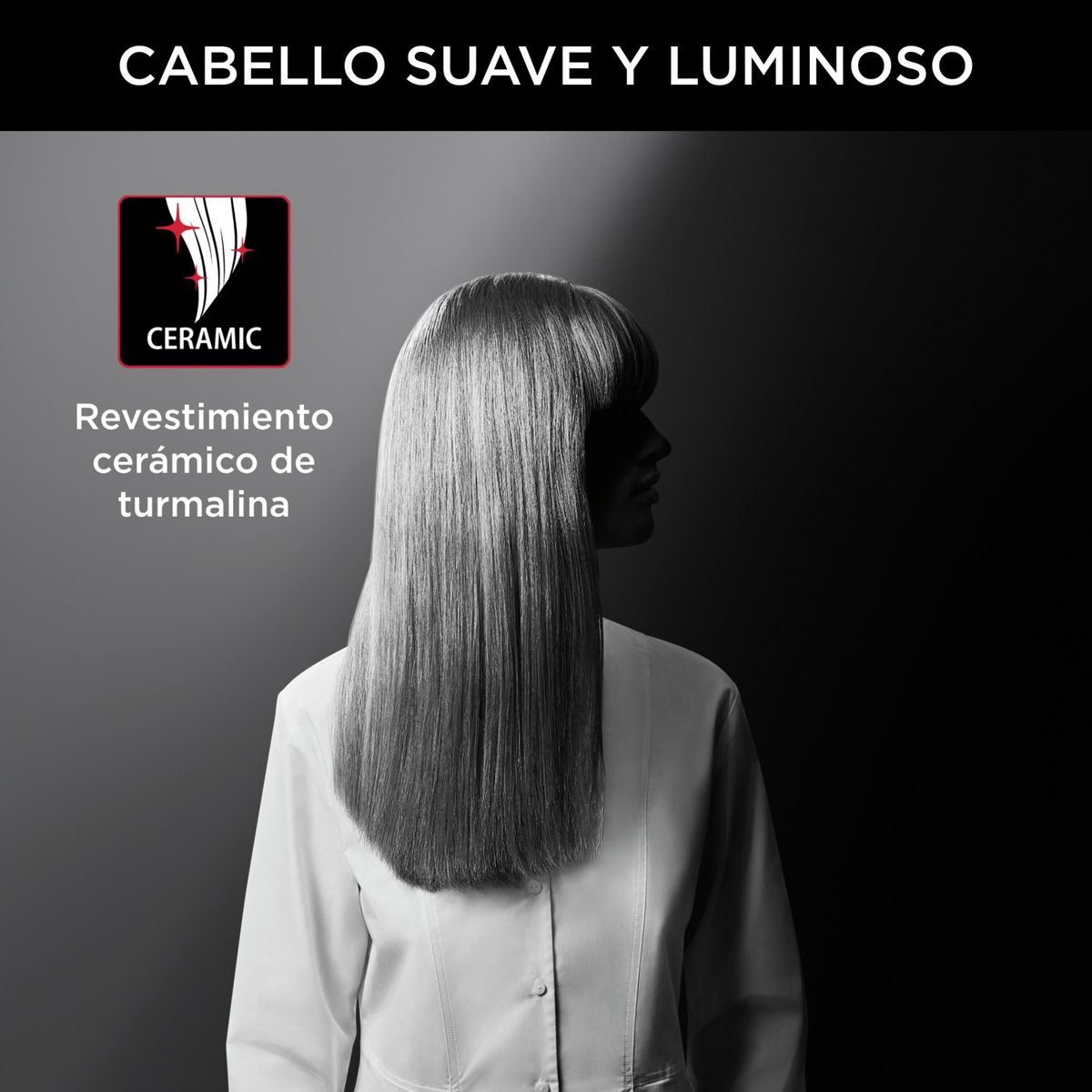 Kobieta z długimi, gładkimi, prostymi włosami, ikoną ceramicznej prostownicy i tekstem.