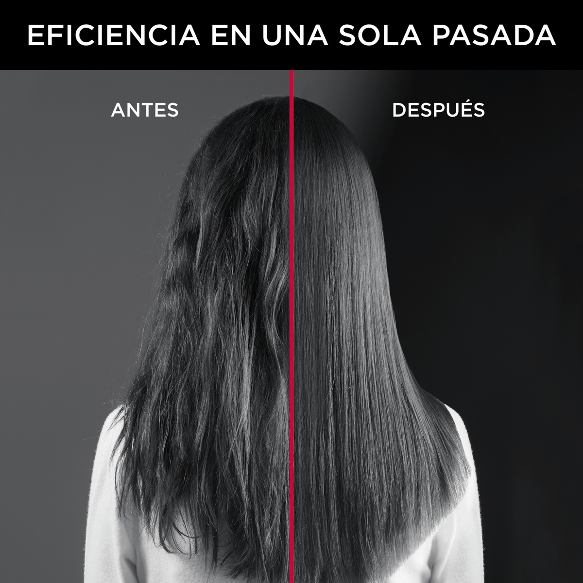 Włosy kobiety przed i po prostowaniu, strona po jest gładka i elegancka.