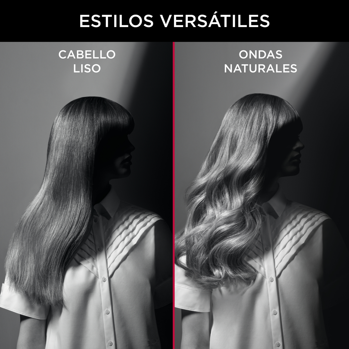 Dwie fryzury kobiet są zestawione: proste włosy i naturalne fale. Obie noszą białe koszule.