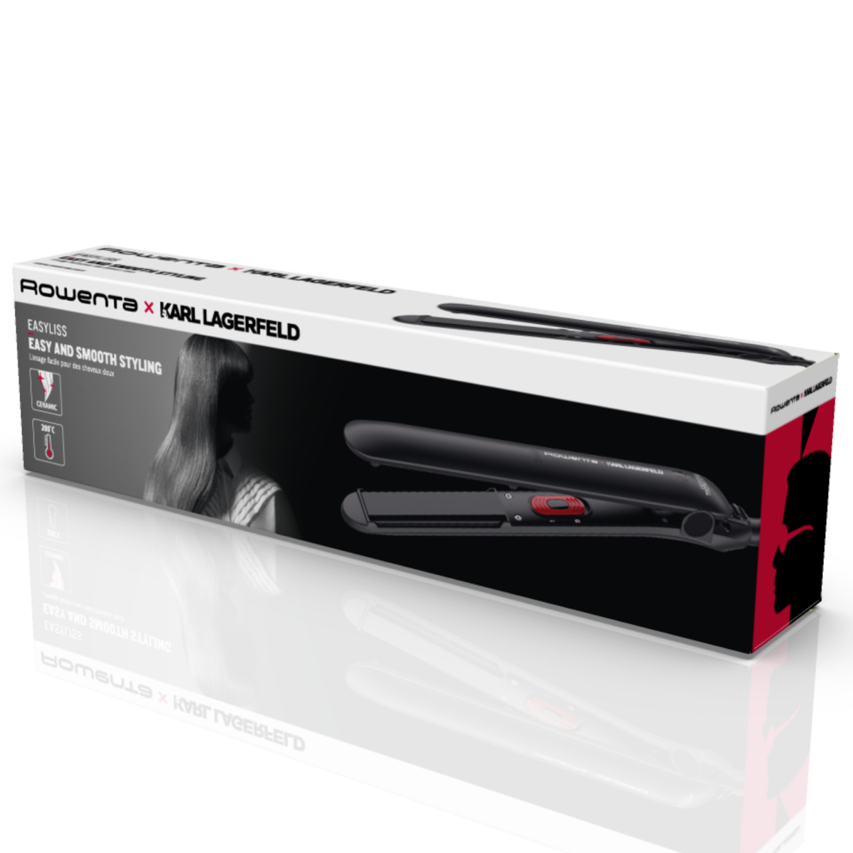 Pudełko prostownicy Rowenta x Karl Lagerfeld. Czarna prostownica z czerwonymi akcentami.