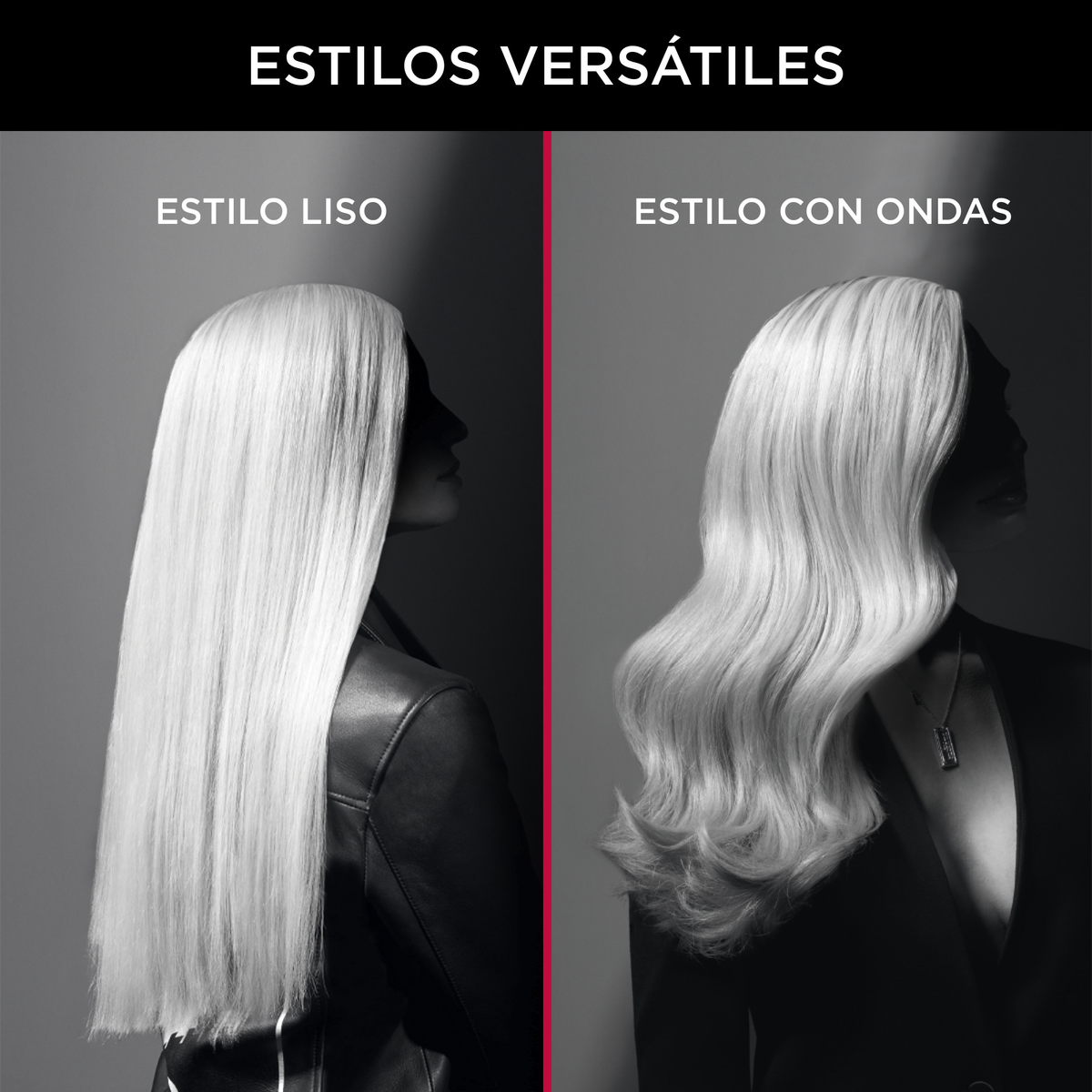 Zwei Frauen, eine mit glattem Haar, die andere mit gewelltem Haar. Der Text lautet 'Vielseitige Stile'.