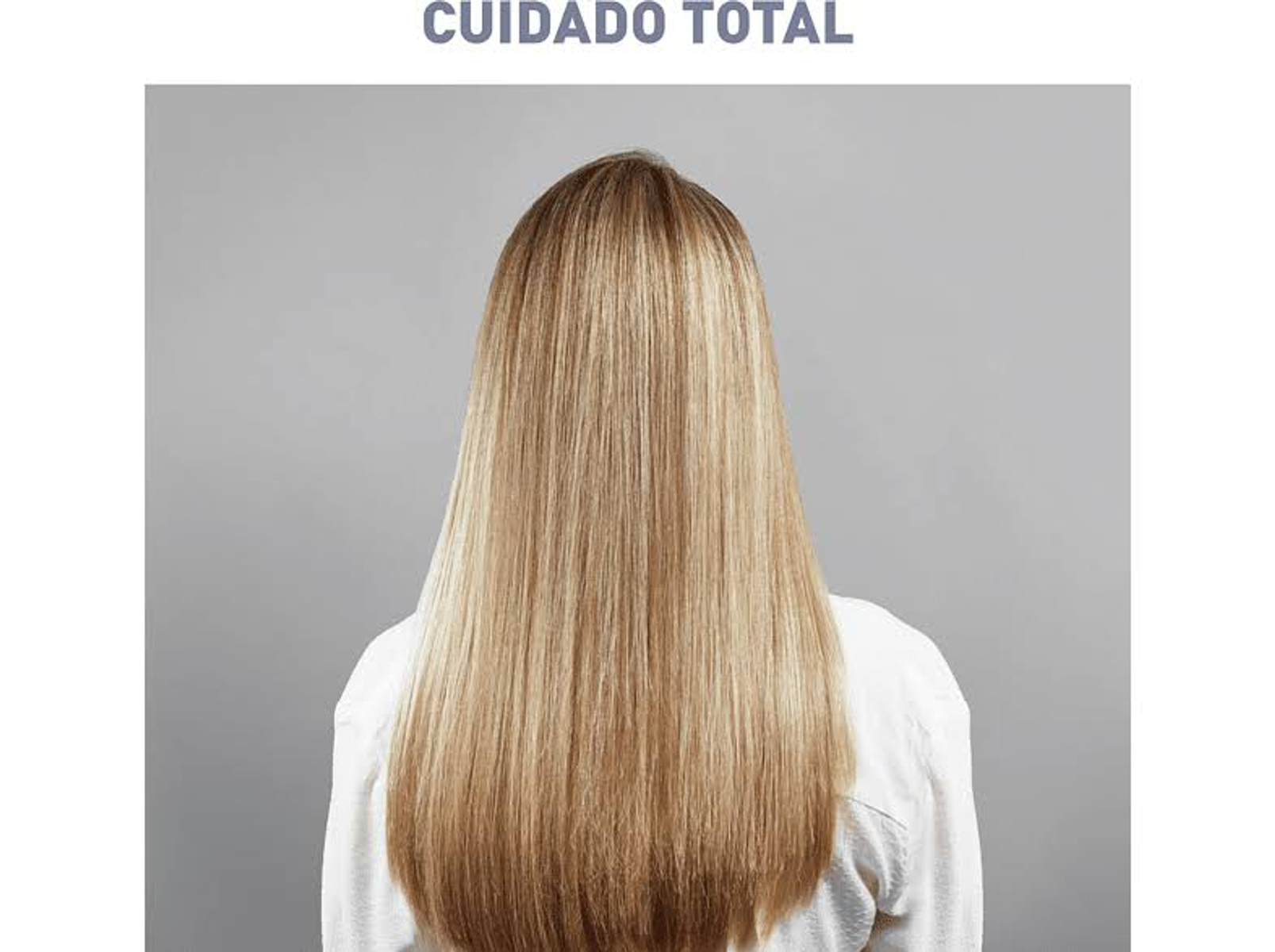 Espalda de una mujer, mostrando cabello largo, liso y rubio, con el texto 'CUIDADO TOTAL' arriba.