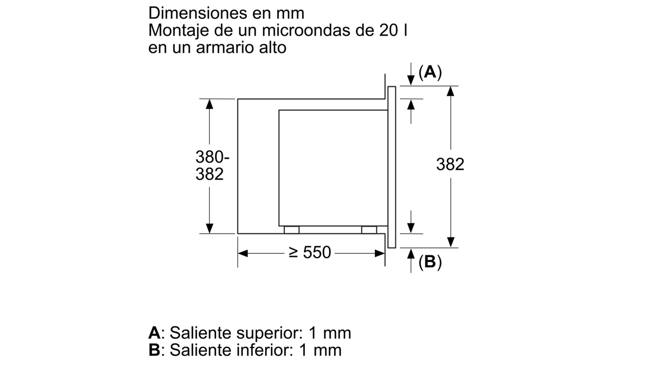 Rysunek techniczny przedstawiający wymiary kuchenki mikrofalowej, czarne linie, białe tło.