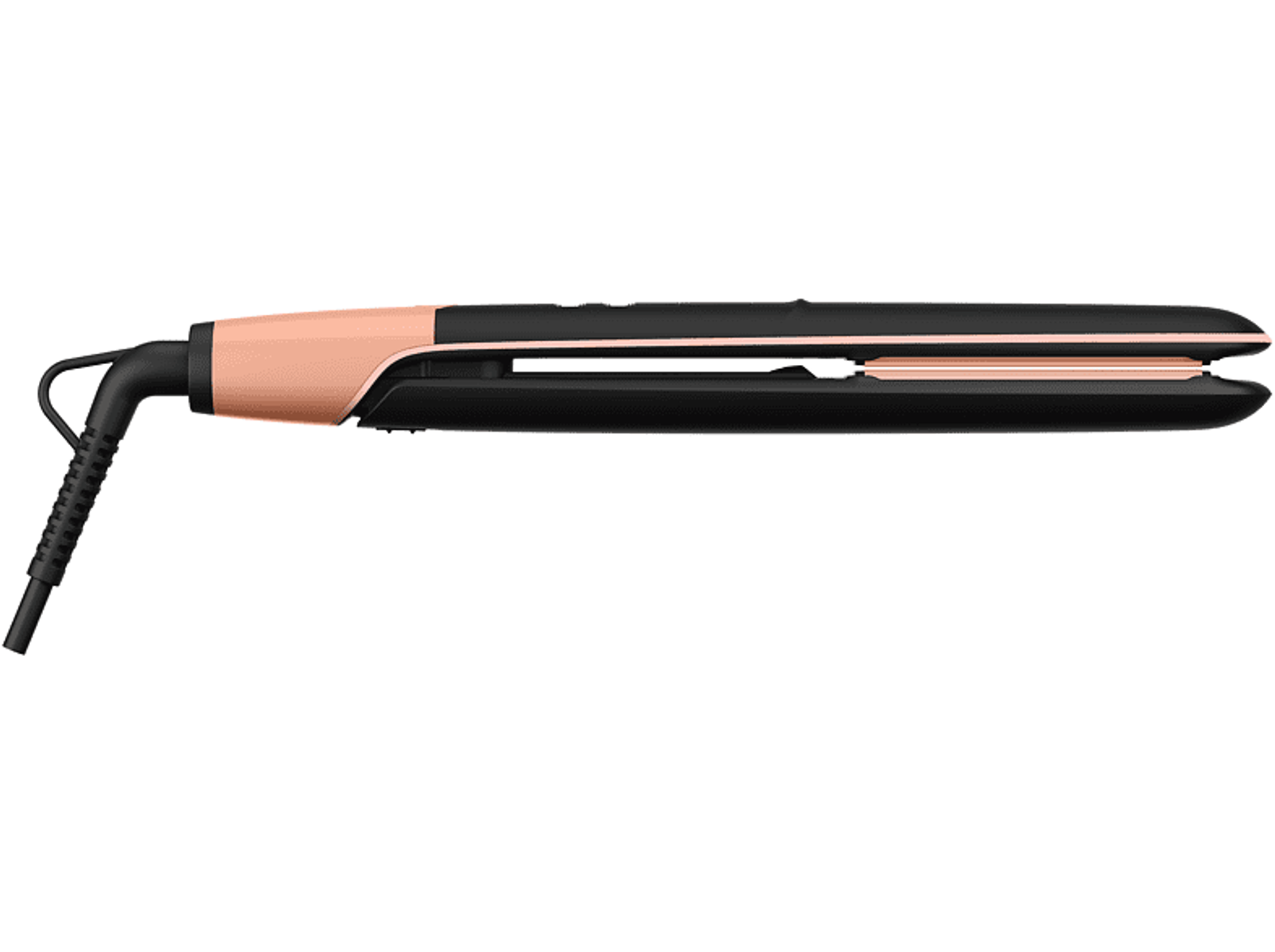 Plancha de pelo en oro rosa y negro, abierta y mirando hacia arriba. Fondo blanco. El cable y el mango son visibles.