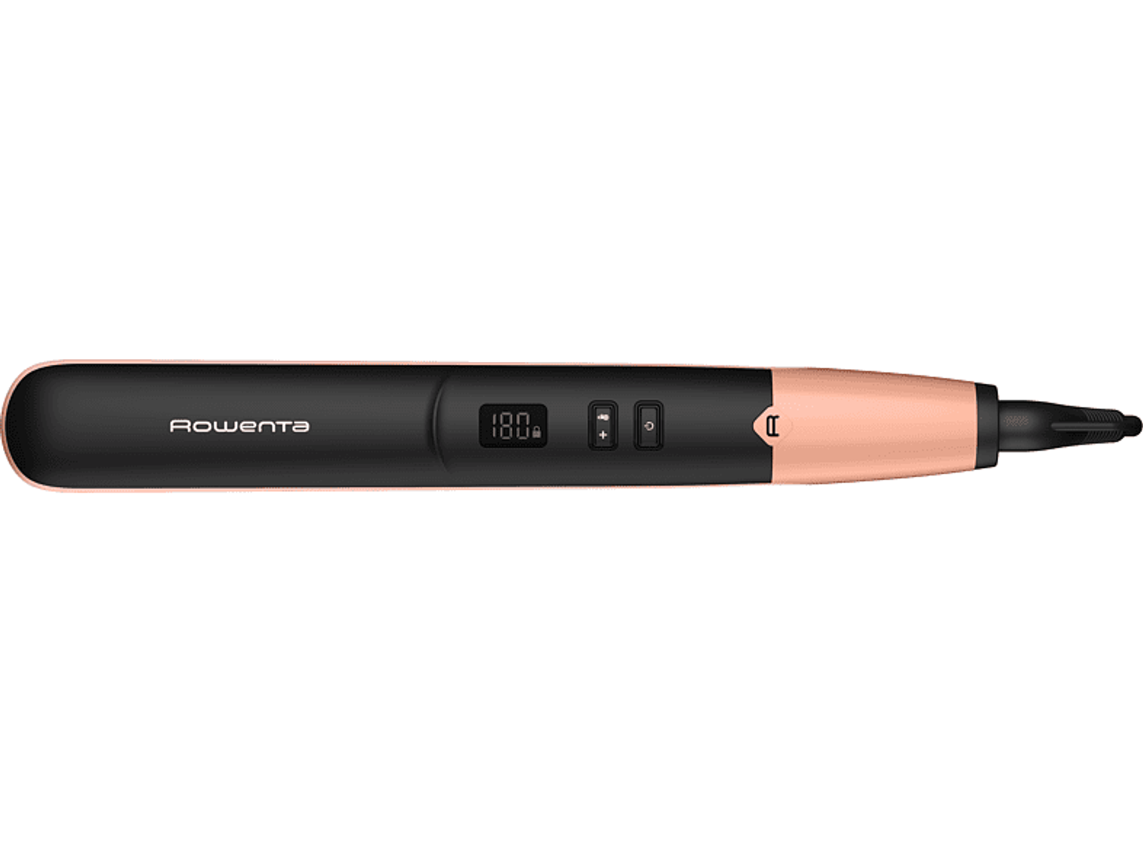 Una plancha de pelo Rowenta negra y oro rosa, con una pantalla digital que muestra 180 grados.