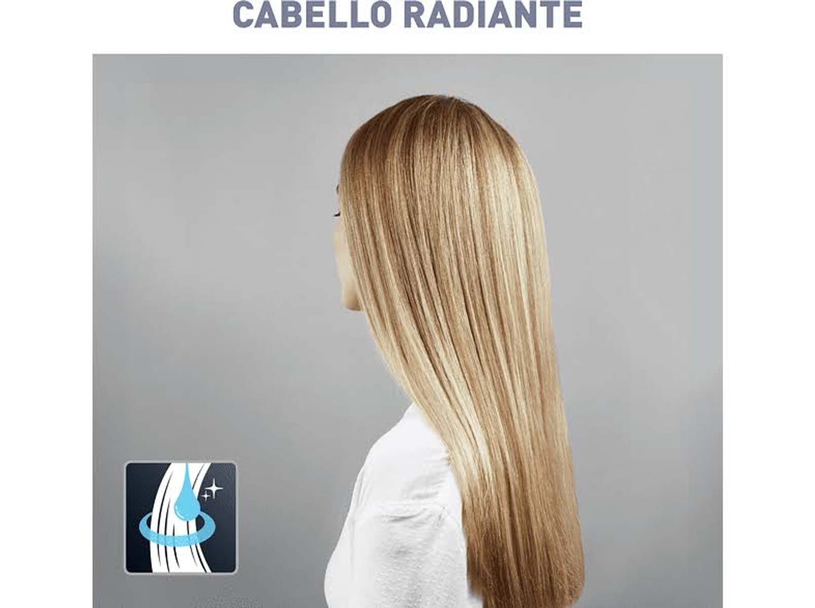 Mujer con cabello largo y rubio liso. Texto: CABELLO RADIANTE (Cabello radiante).