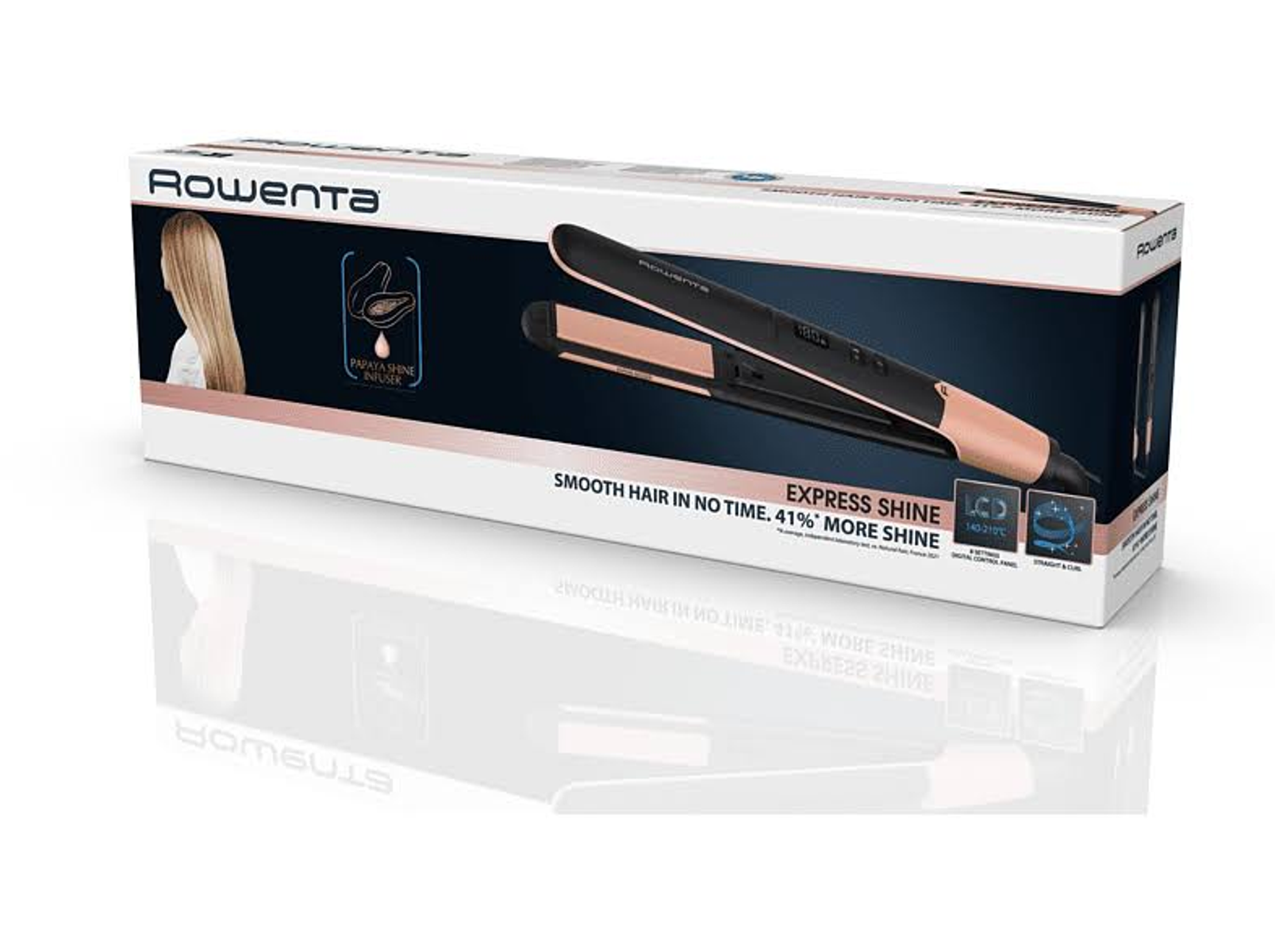 Caja de plancha de pelo Rowenta. Plancha negra y oro rosa. La caja tiene imagen de pelo y texto.