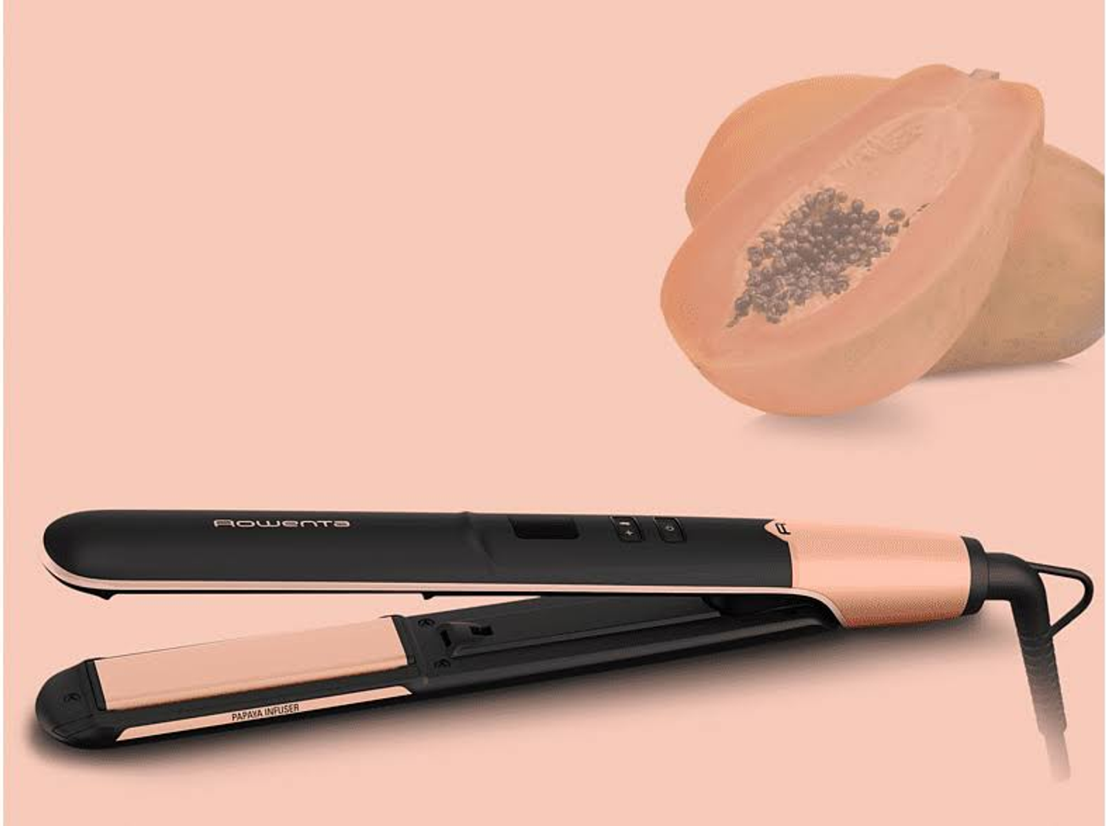 Plancha de pelo y papaya, sobre fondo melocotón. Texto en la plancha.