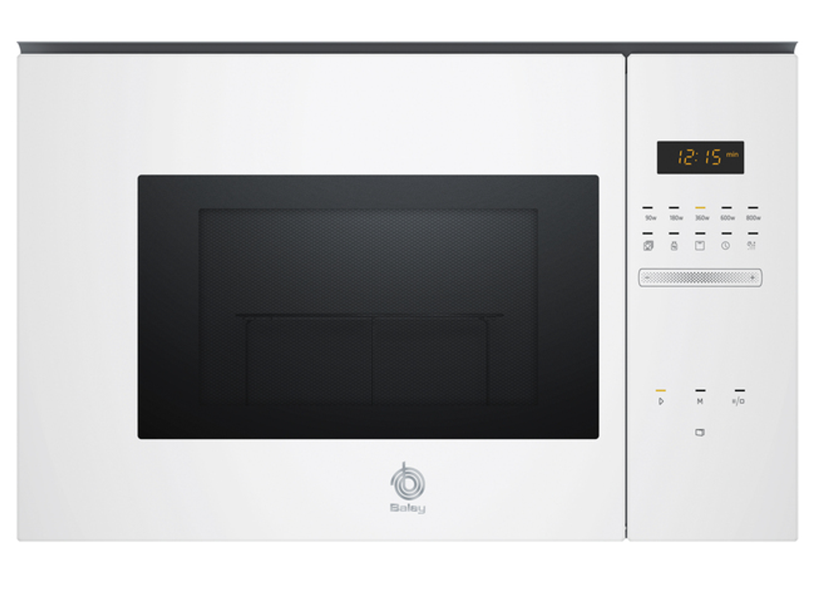 Biała wbudowana kuchenka mikrofalowa z czarnymi drzwiami i panelem sterowania.