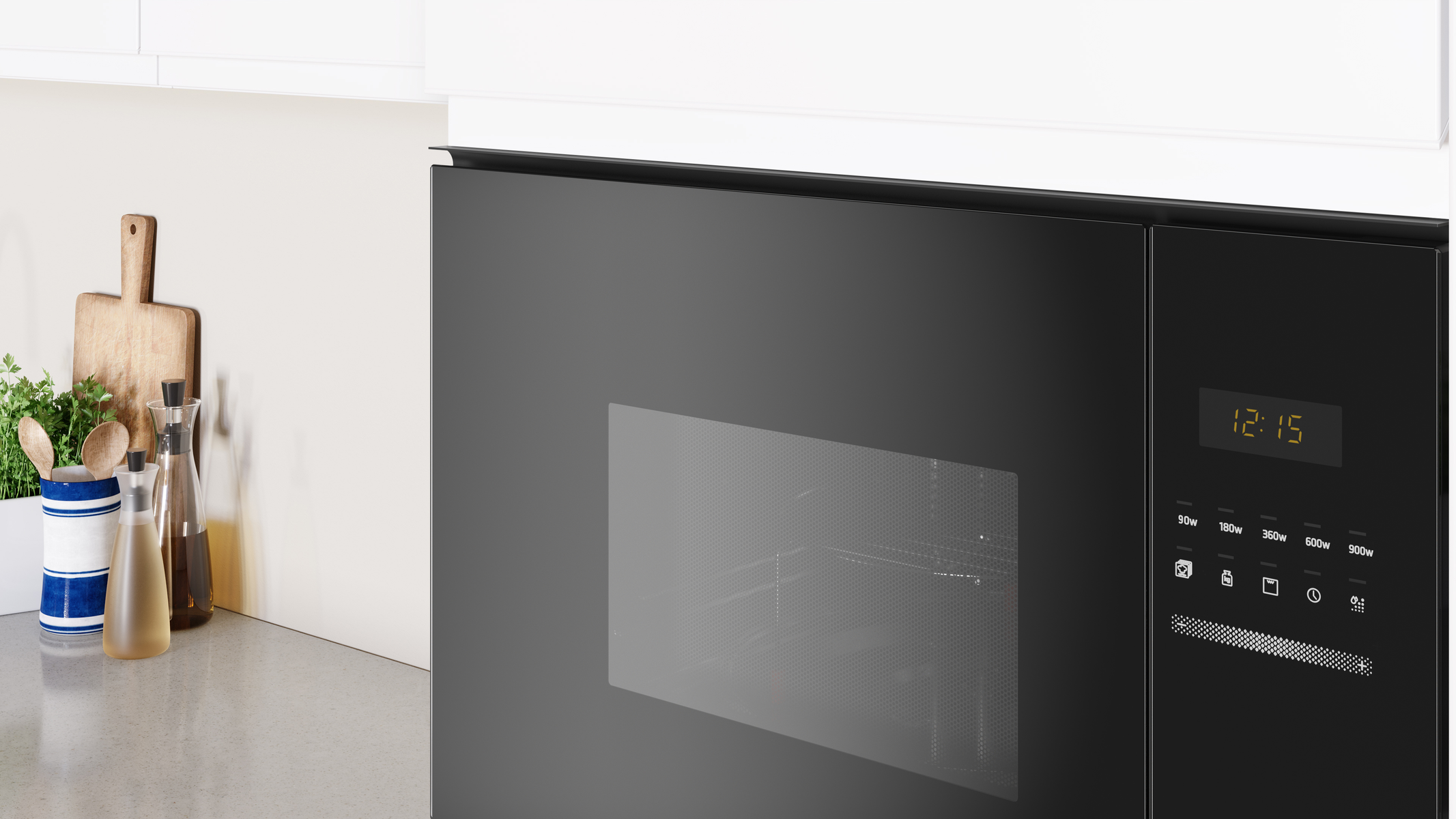 Czarna kuchenka mikrofalowa z cyfrowym wyświetlaczem i ustawieniami mocy.