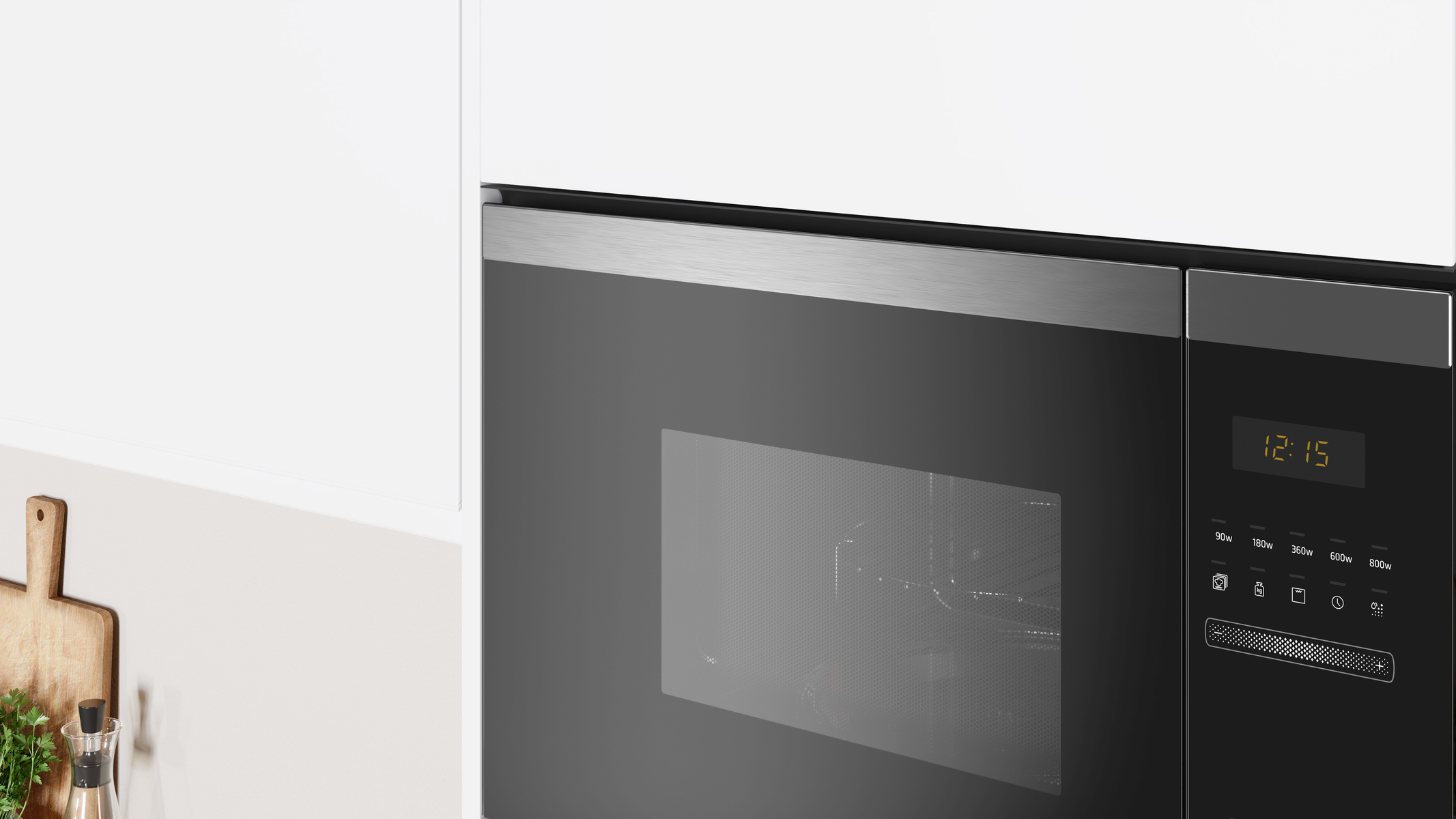 Zbliżenie panelu sterowania i drzwi kuchenki mikrofalowej. Wyświetla czas i ustawienia.