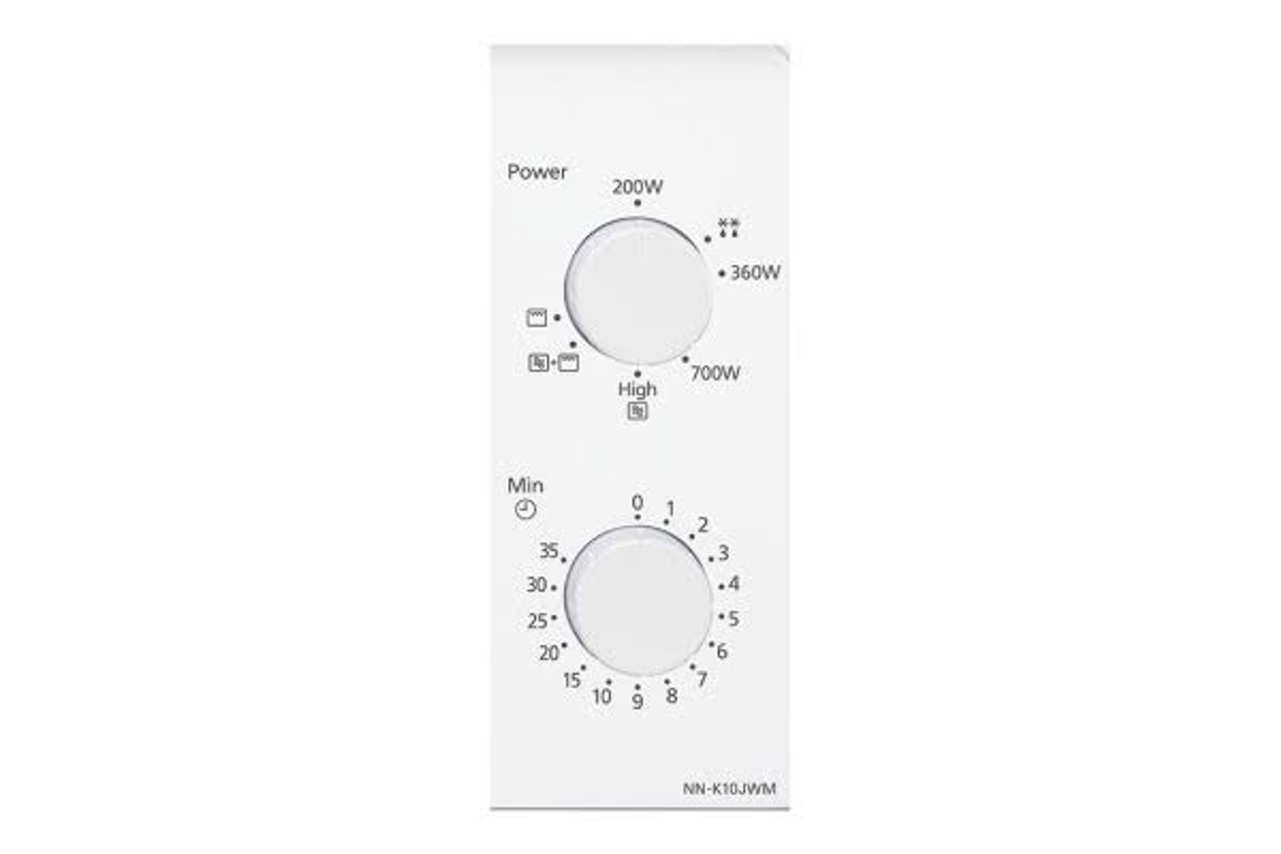 Primer plano de un panel de control de microondas blanco con diales de potencia y temporizador.