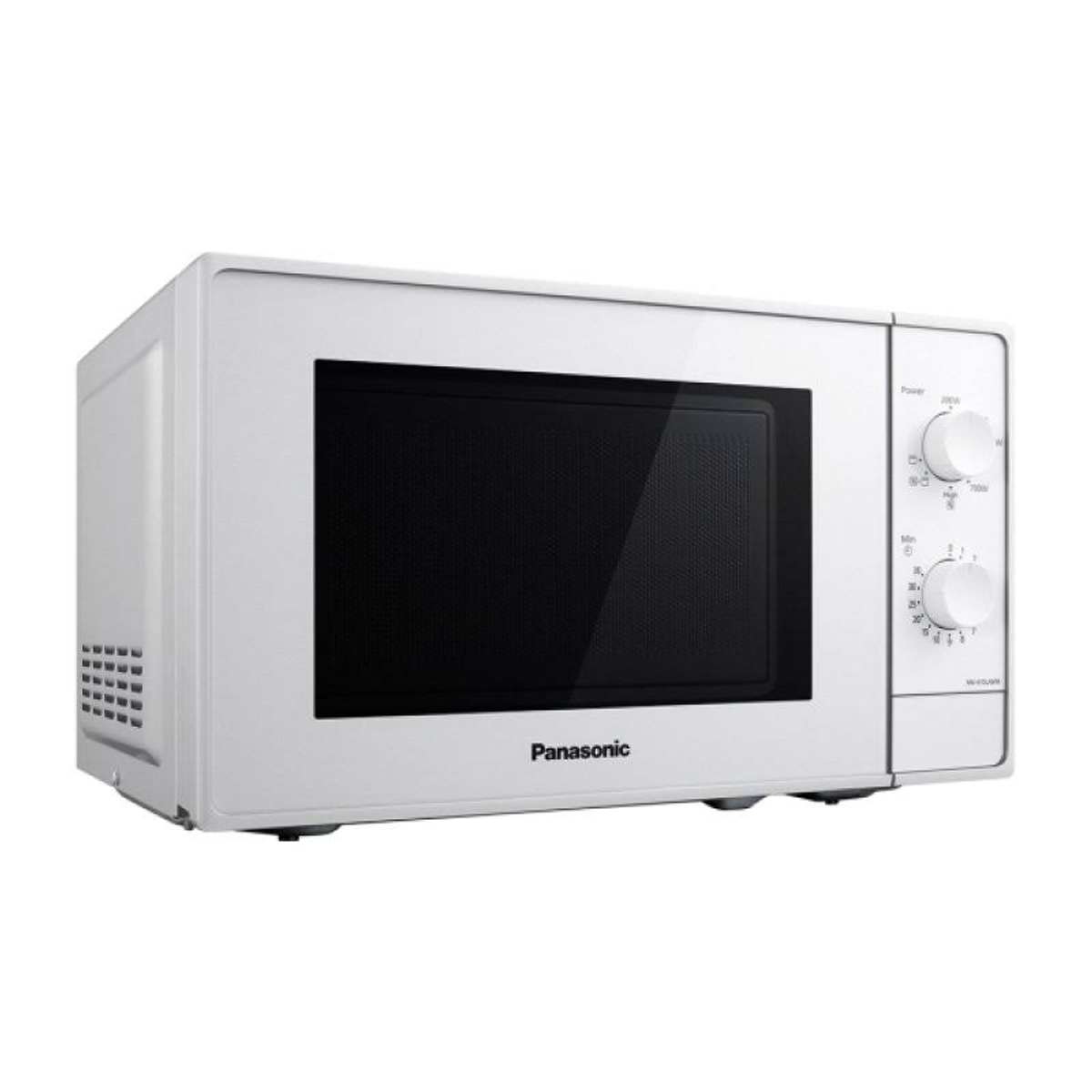 Microondas blanco Panasonic con puerta negra y mandos de control a la derecha.