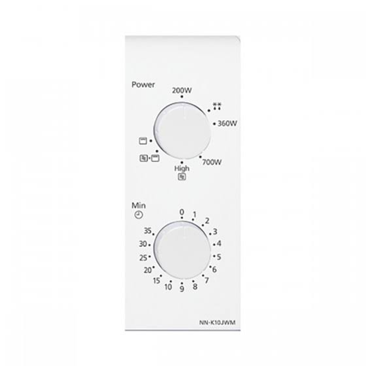 Panel de control de microondas blanco con diales de potencia y tiempo, texto negro.