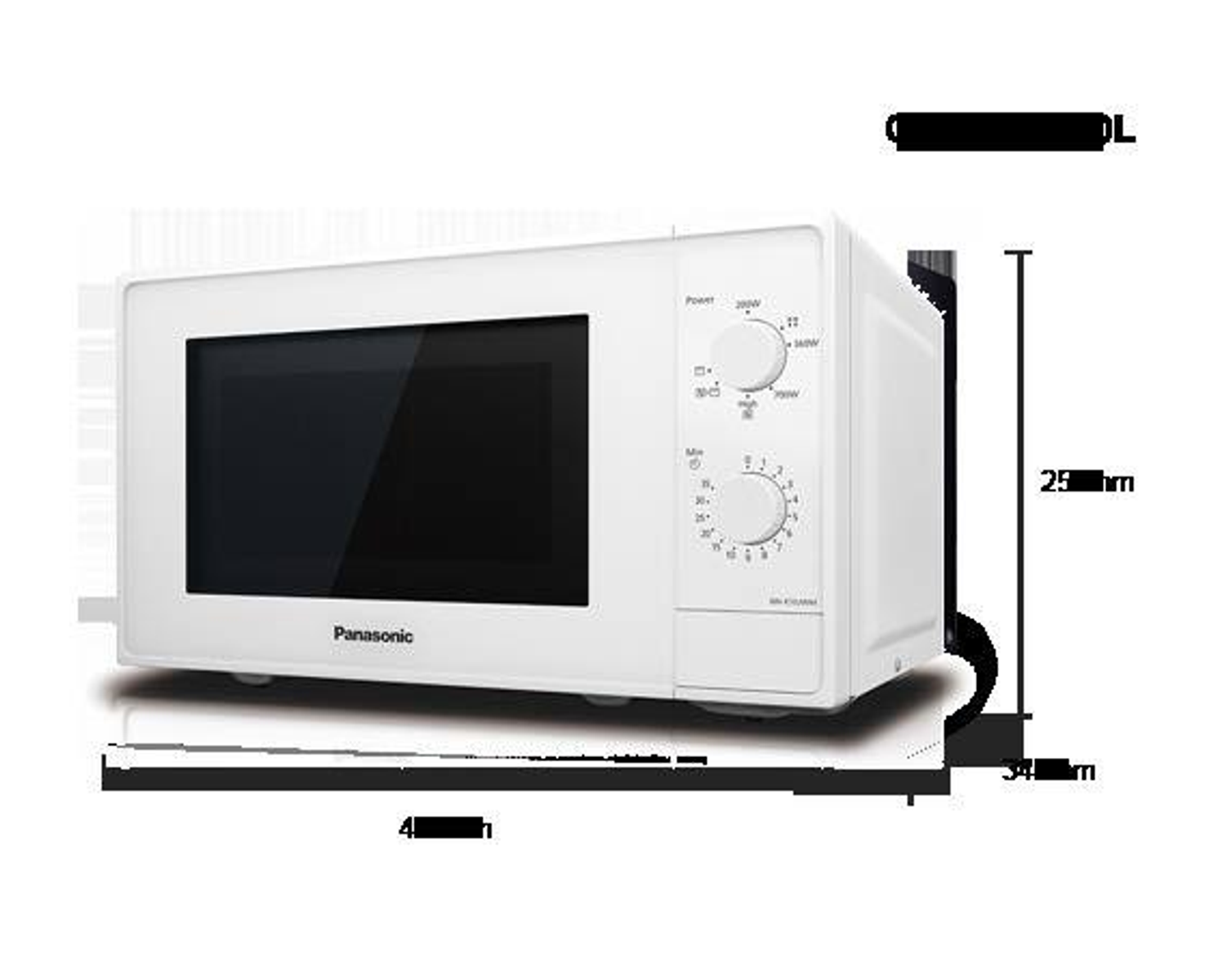 Microondas blanco Panasonic con panel de control y dimensiones.
